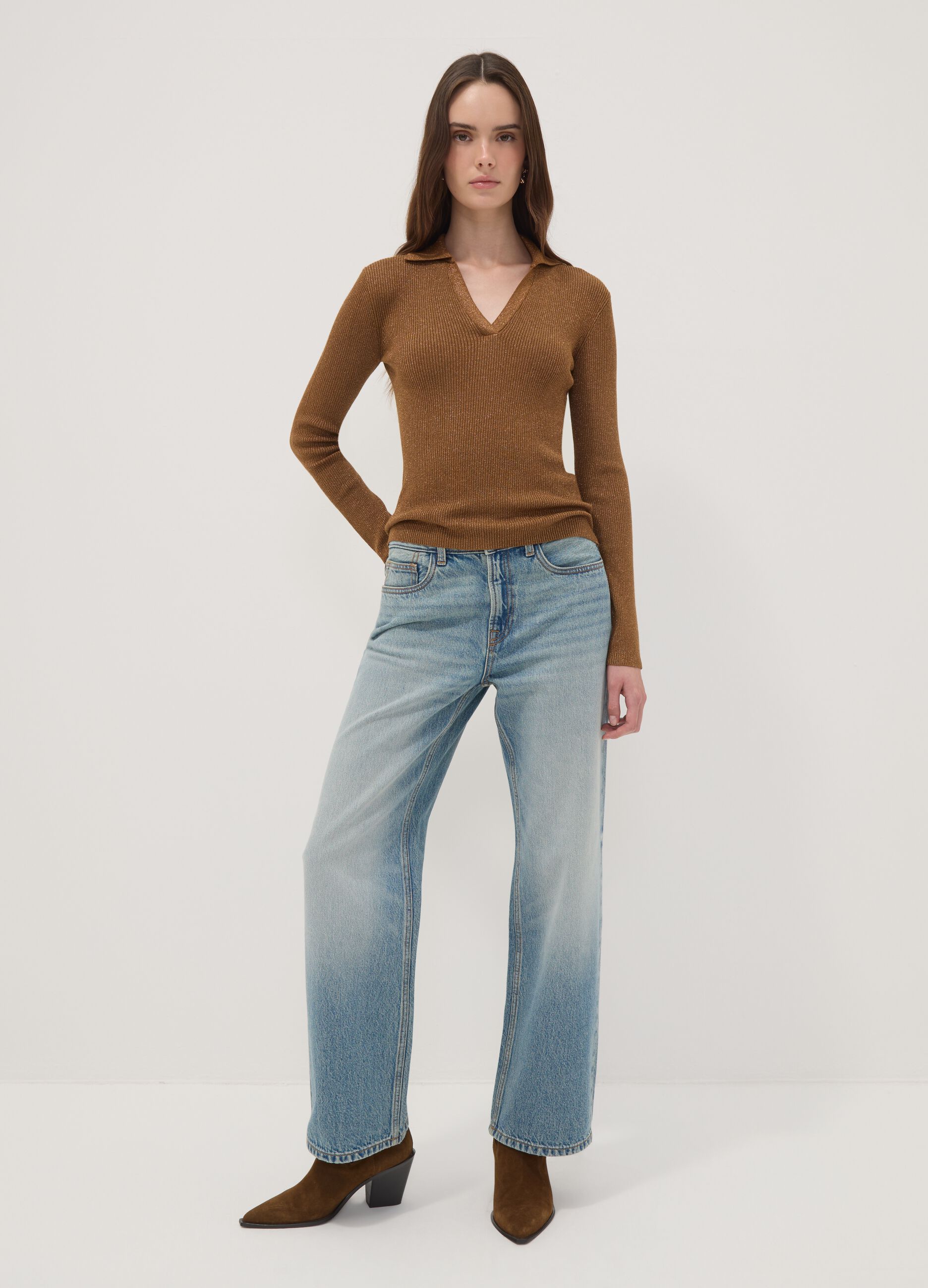 Brown ribbed viscose-blend polo-collar top