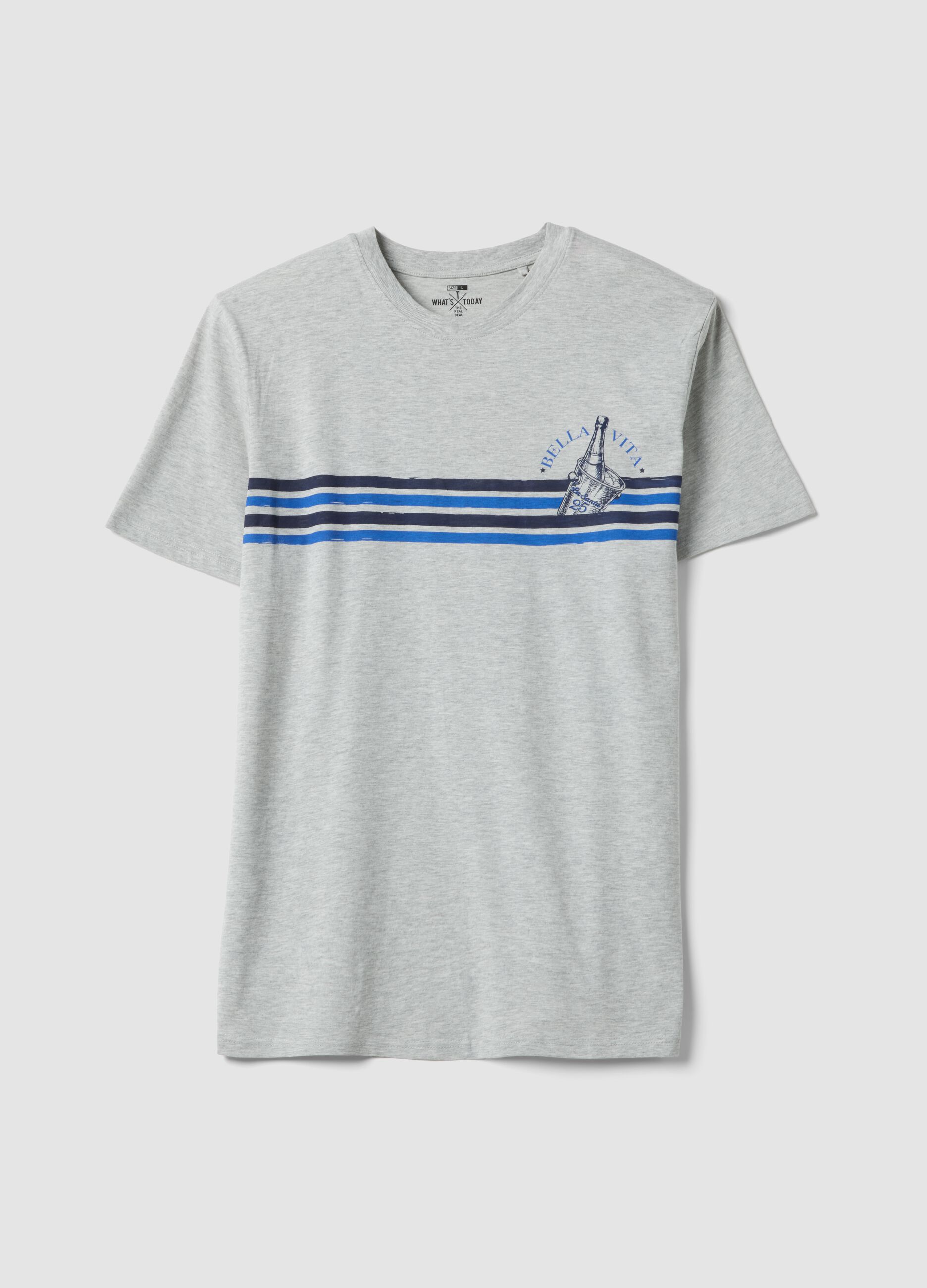 Graues T-Shirt aus reiner Baumwolle mit blauen Streifen