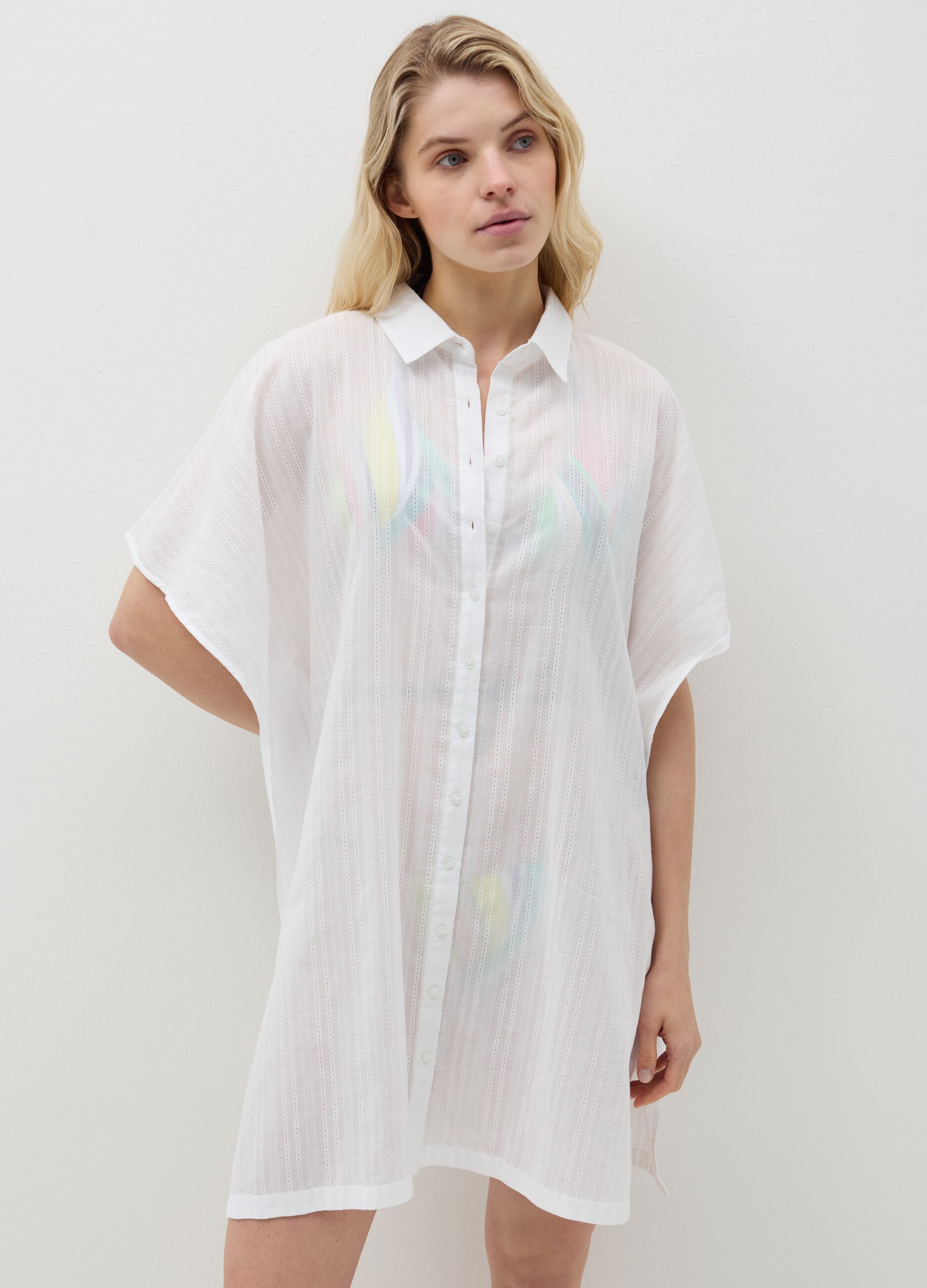 Beach cover-up shirt with striped weave