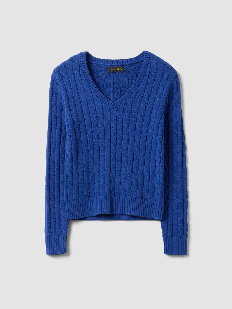Blue pure cotton cable-knit jumper with deep V-neck_0