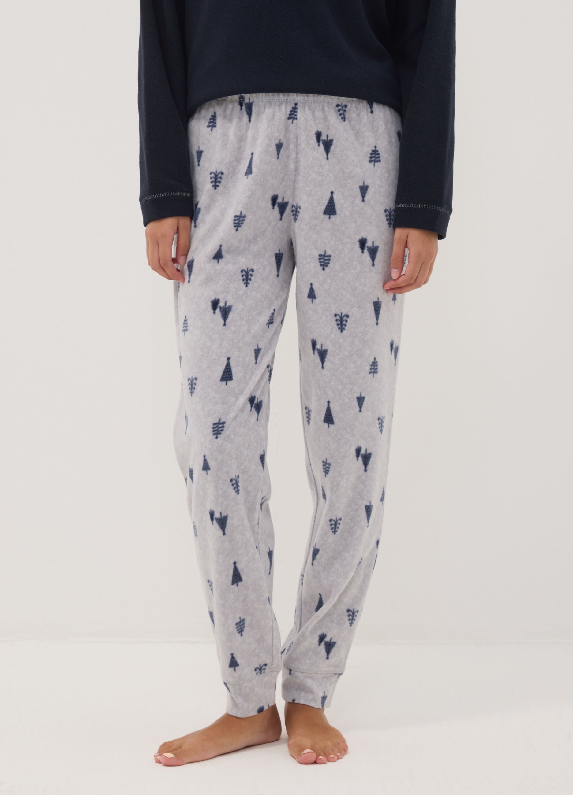 Navy fleece pyjamas with crew neck top and printed trousers