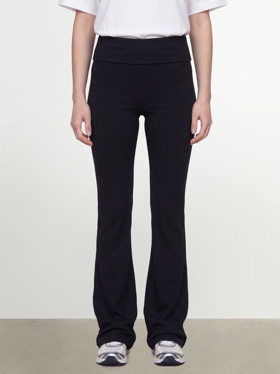 Black ribbed pure cotton flare leggings_1