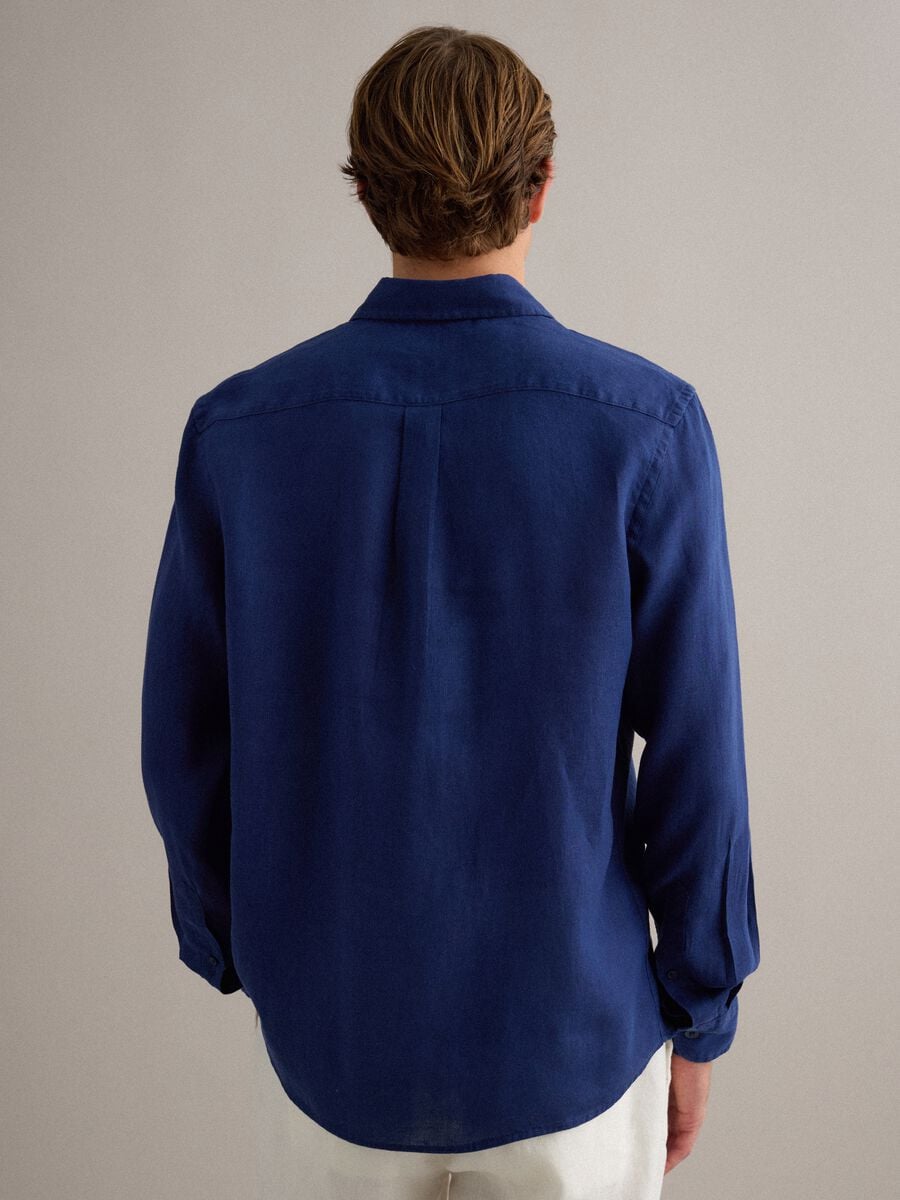 Blue regular-fit pure linen shirt with double pocket_4