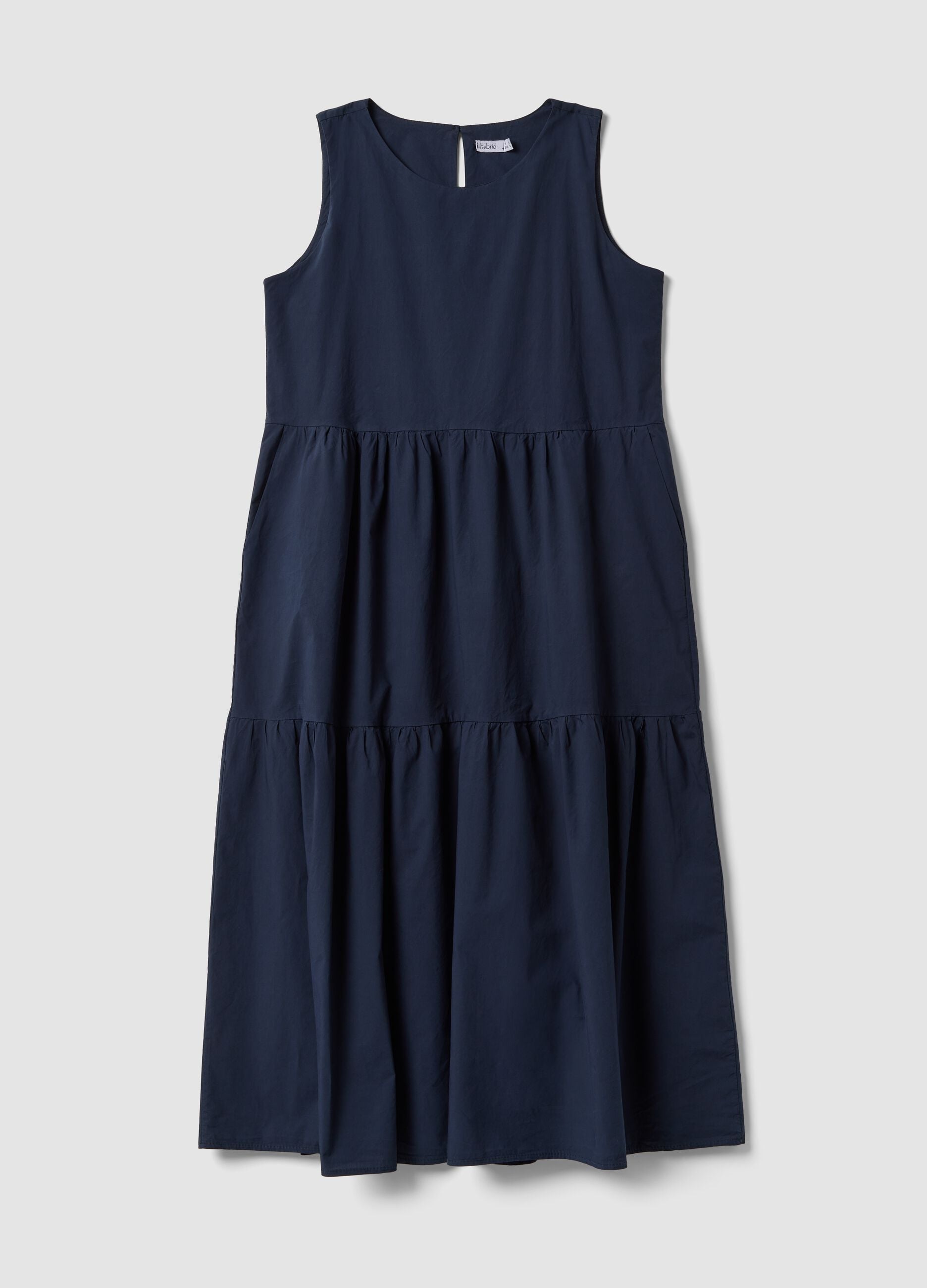 Vestido azul sem mangas em algod&atilde;o puro com folhos, corte regular