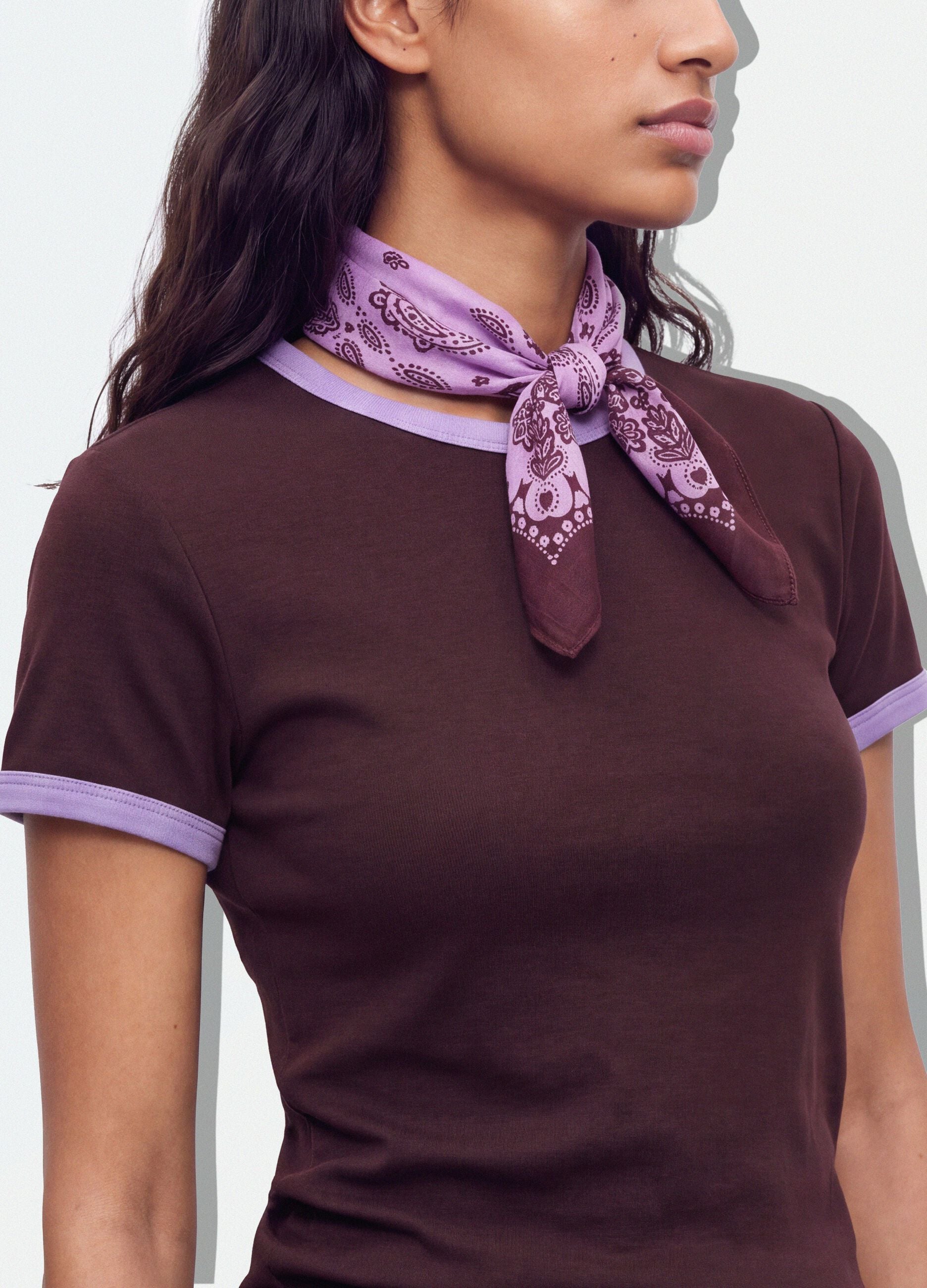 Brown fitted stretch-cotton T-shirt with contrast trims