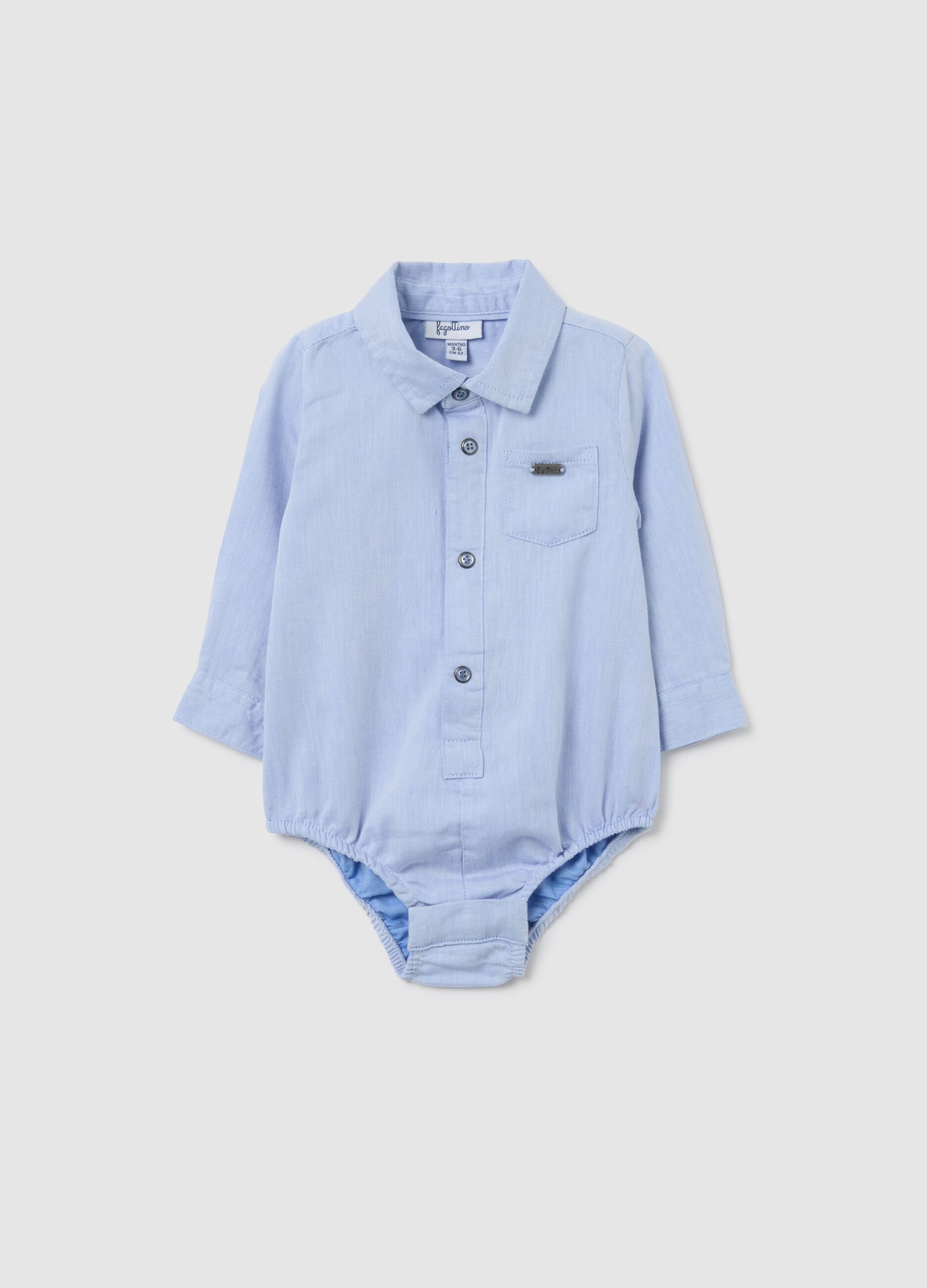 Newborn blue pure cotton bodysuit with pointed collar and long sleeves