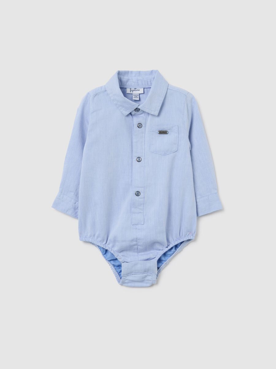 Newborn blue pure cotton bodysuit with pointed collar and long sleeves_0