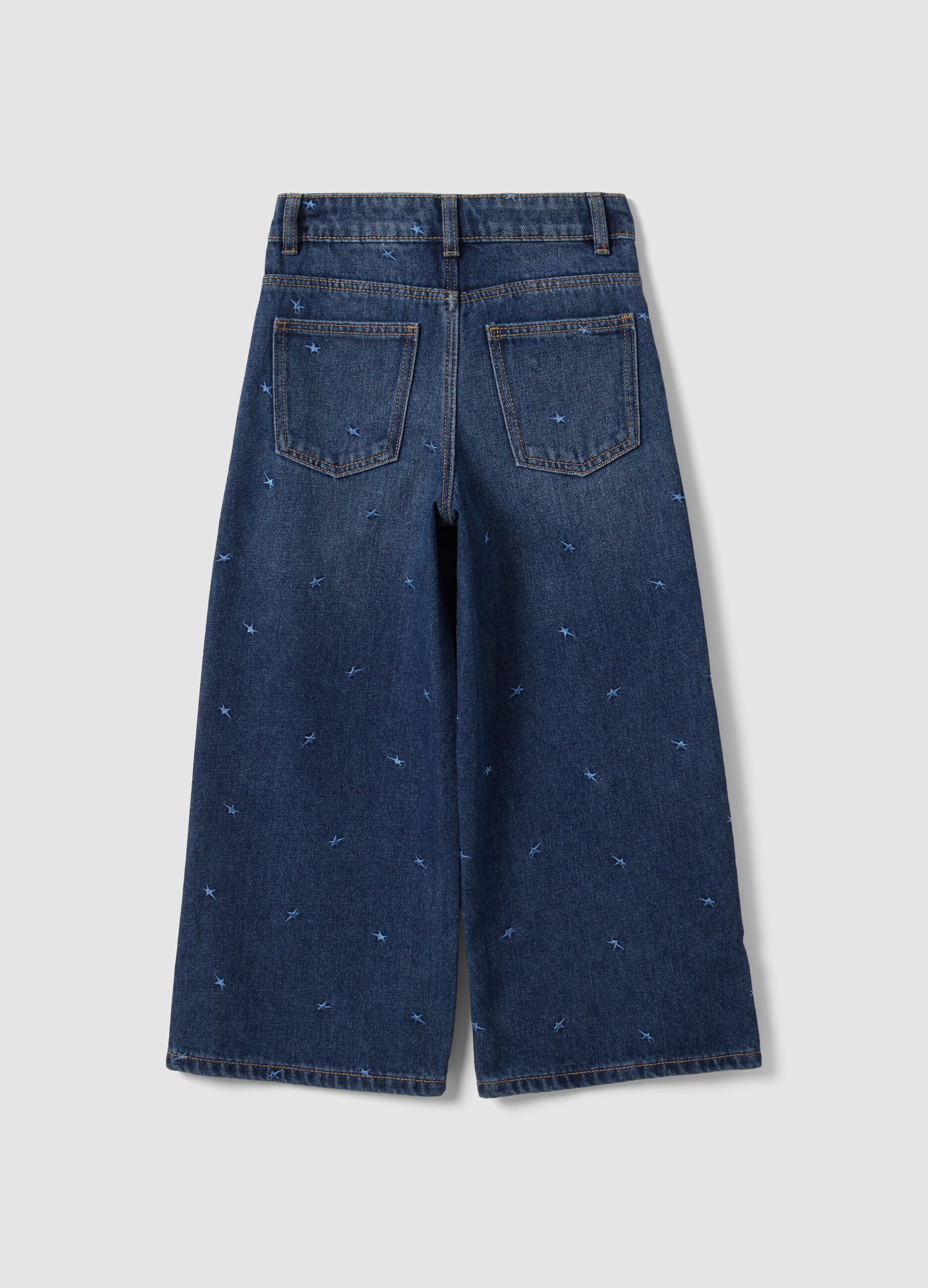 Blue cotton-blend jeans with viscose and lyocell, embroidered, for girls