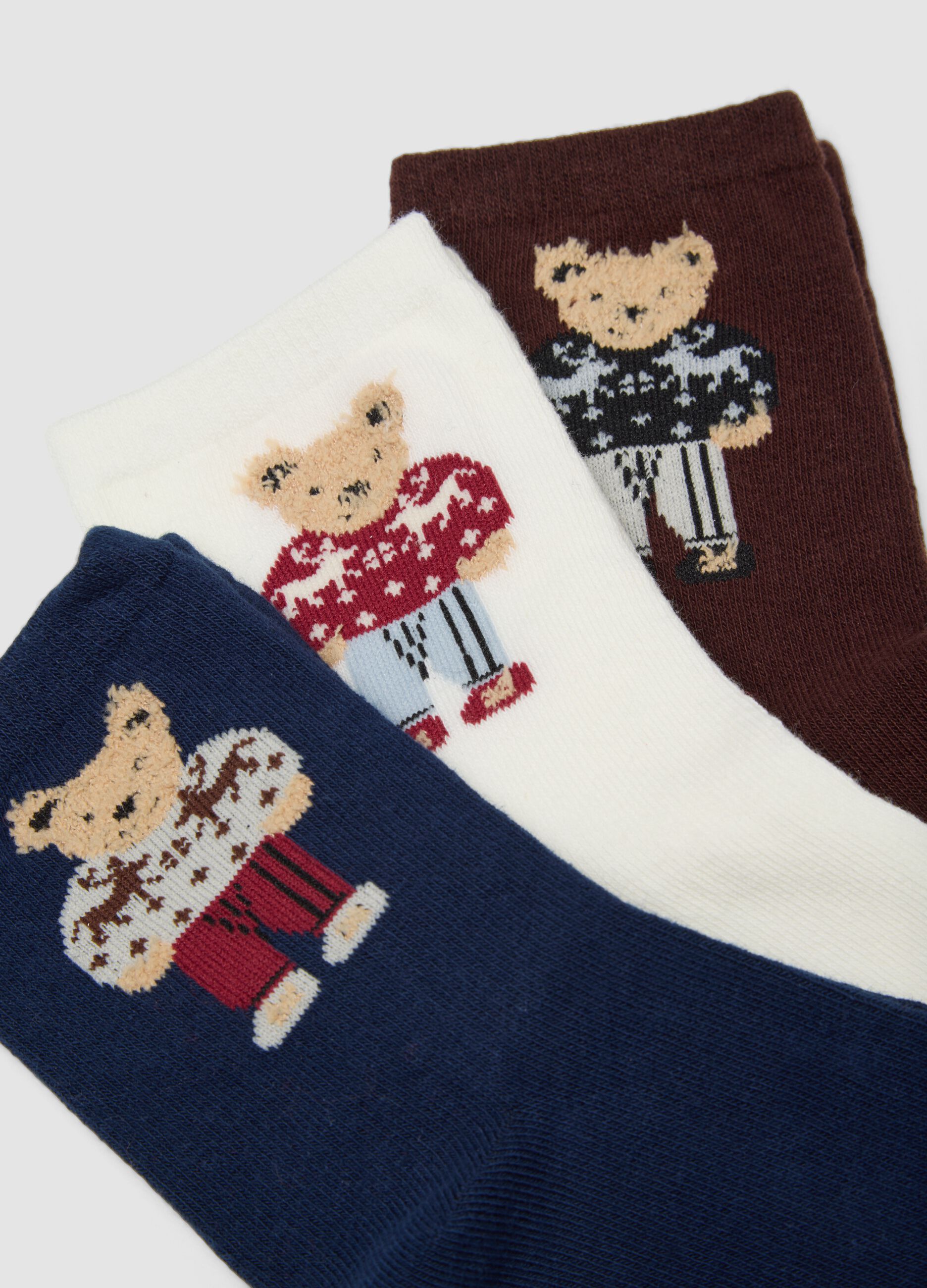 Multicolour stretch organic cotton three-pack socks with teddy bear