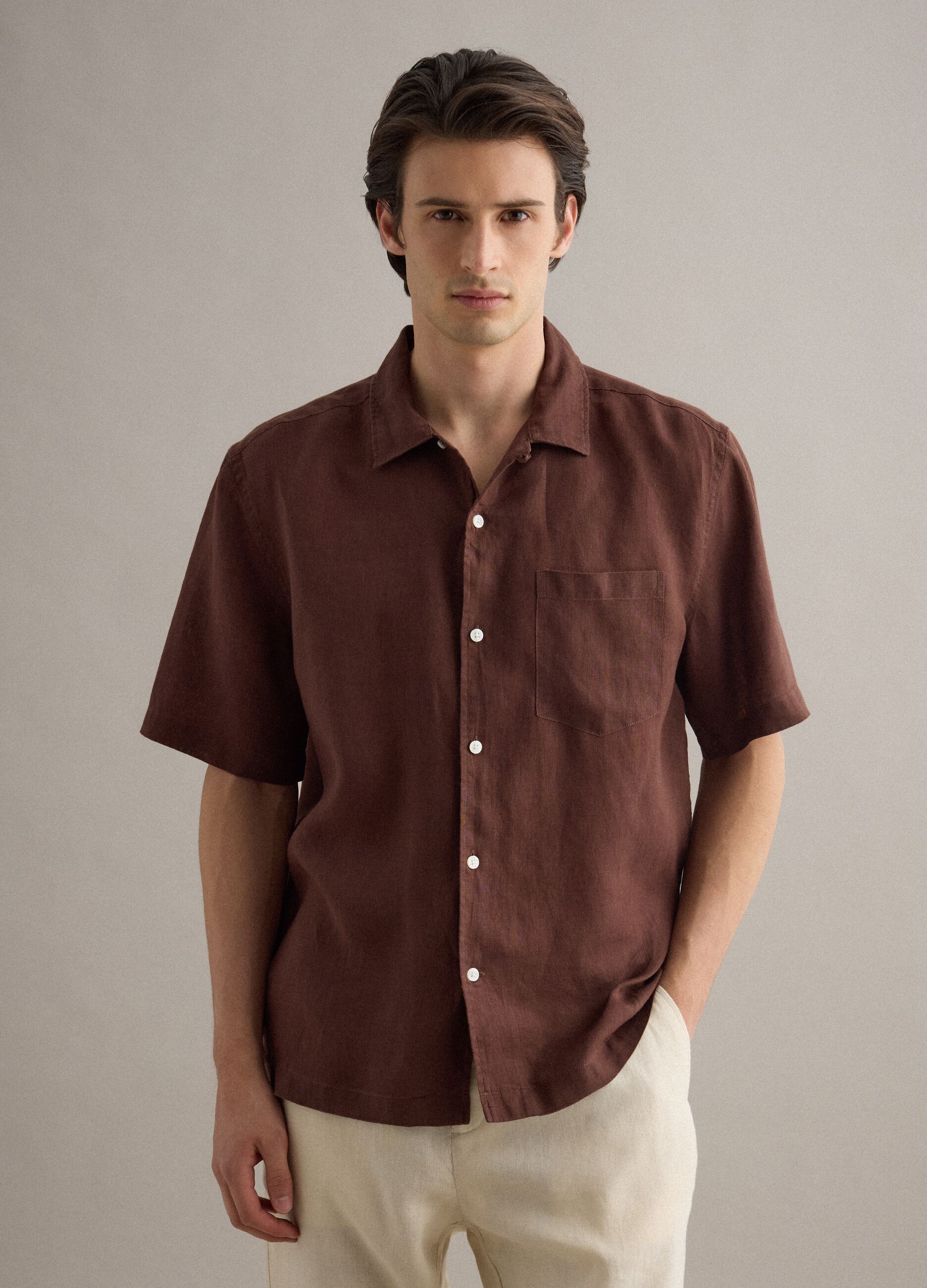 Brown short sleeve pure linen regular fit shirt