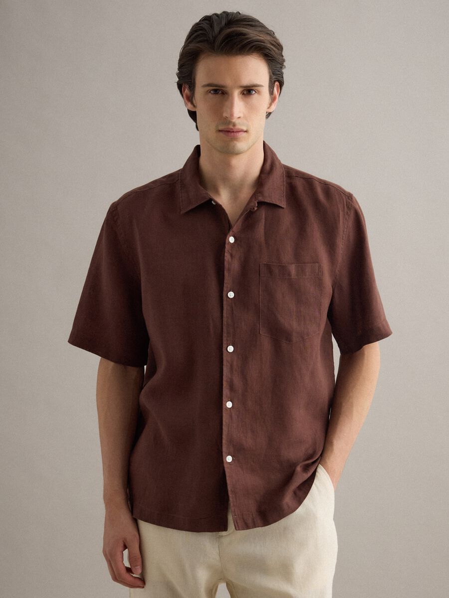Brown short sleeve pure linen regular fit shirt_1