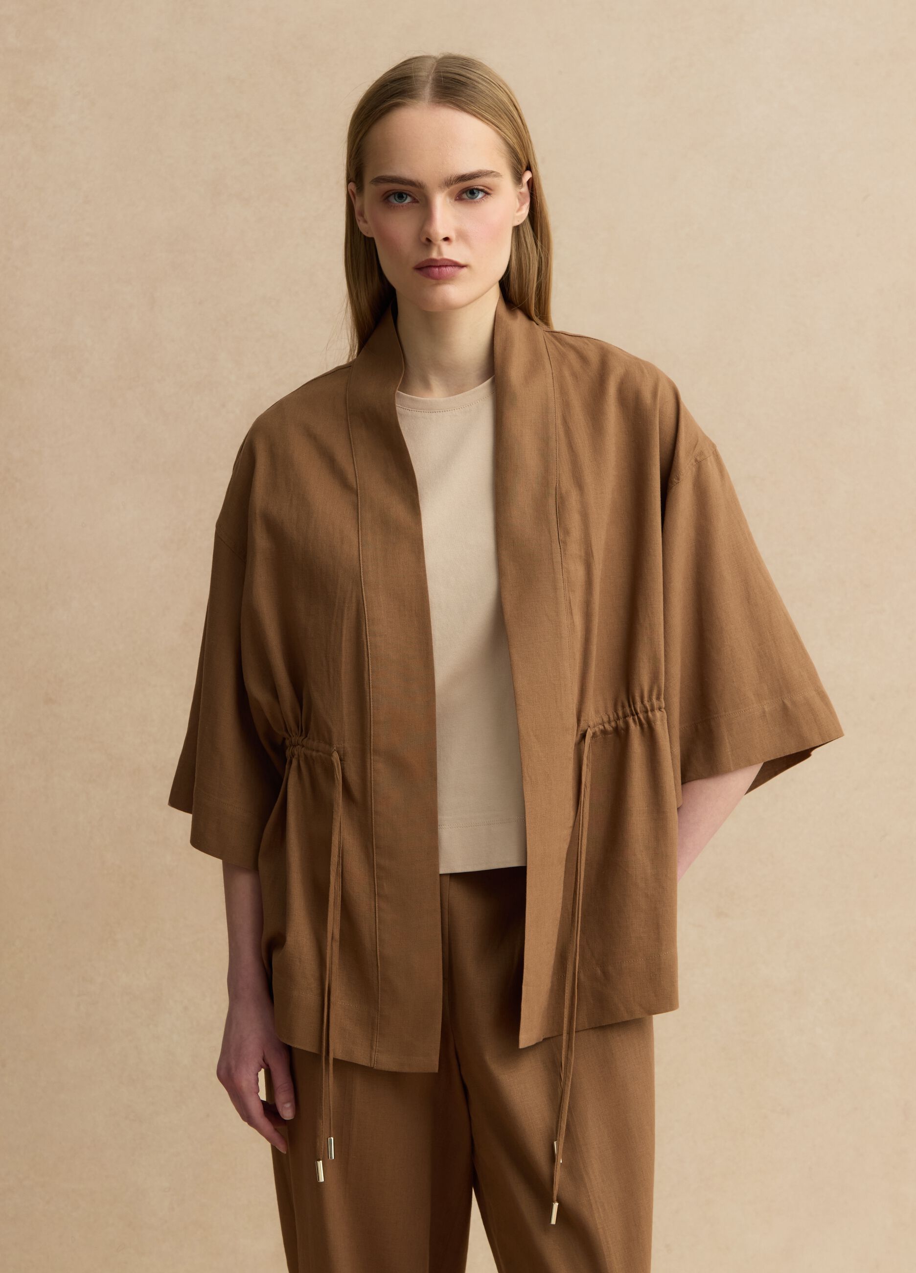 Brown linen blend regular fit blazer with ties