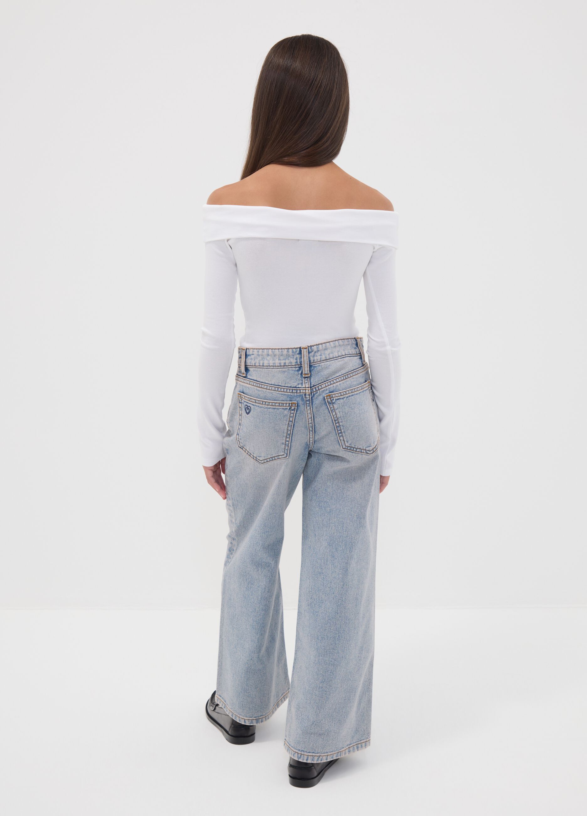 Light blue wide-leg denim jeans in pure cotton for girls