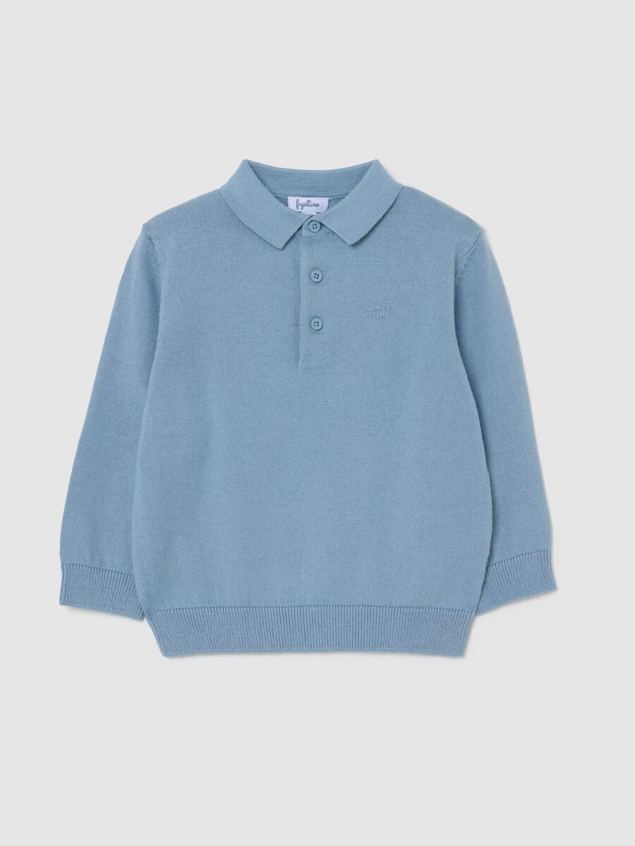 Blue regular fit cotton blend children's classic collar T-shirt_0