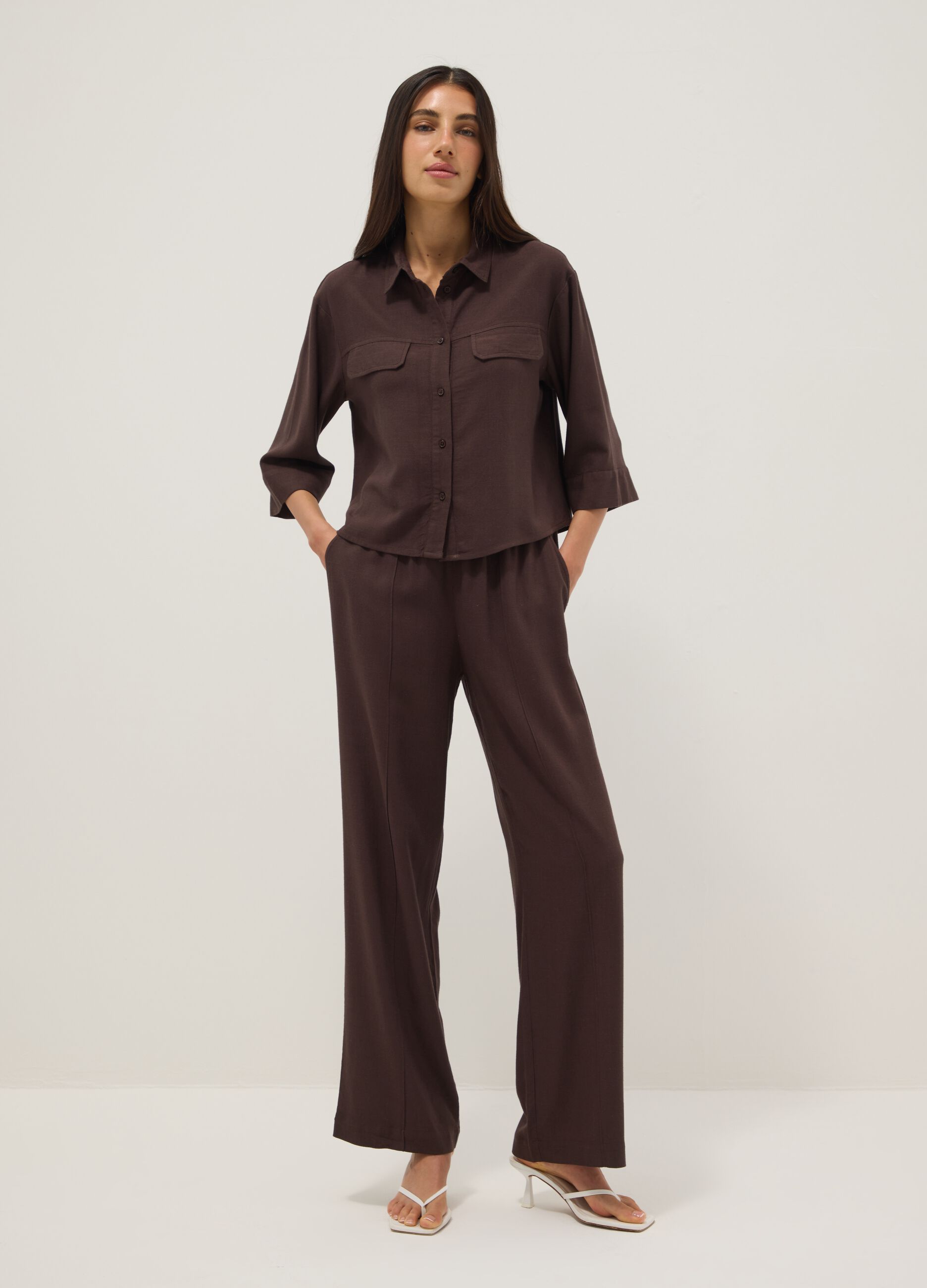 Brown viscose and linen-blend straight-fit trousers