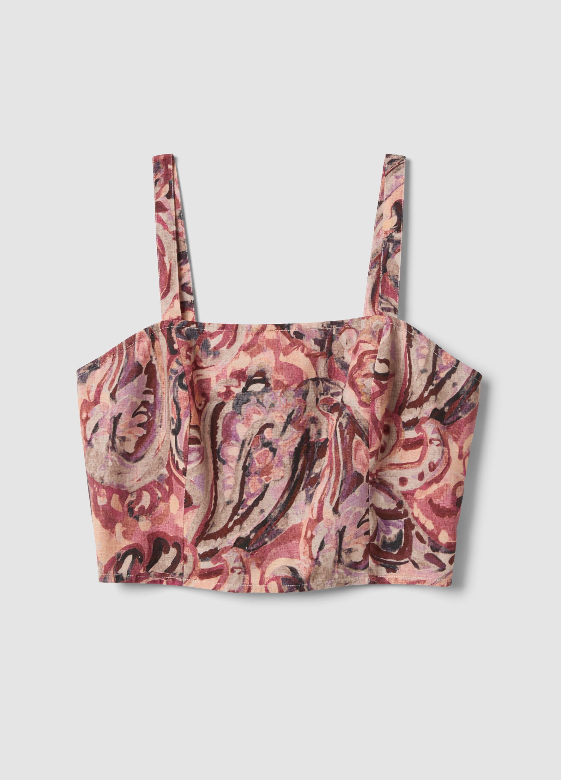 Multicolour cotton and linen-blend crop top