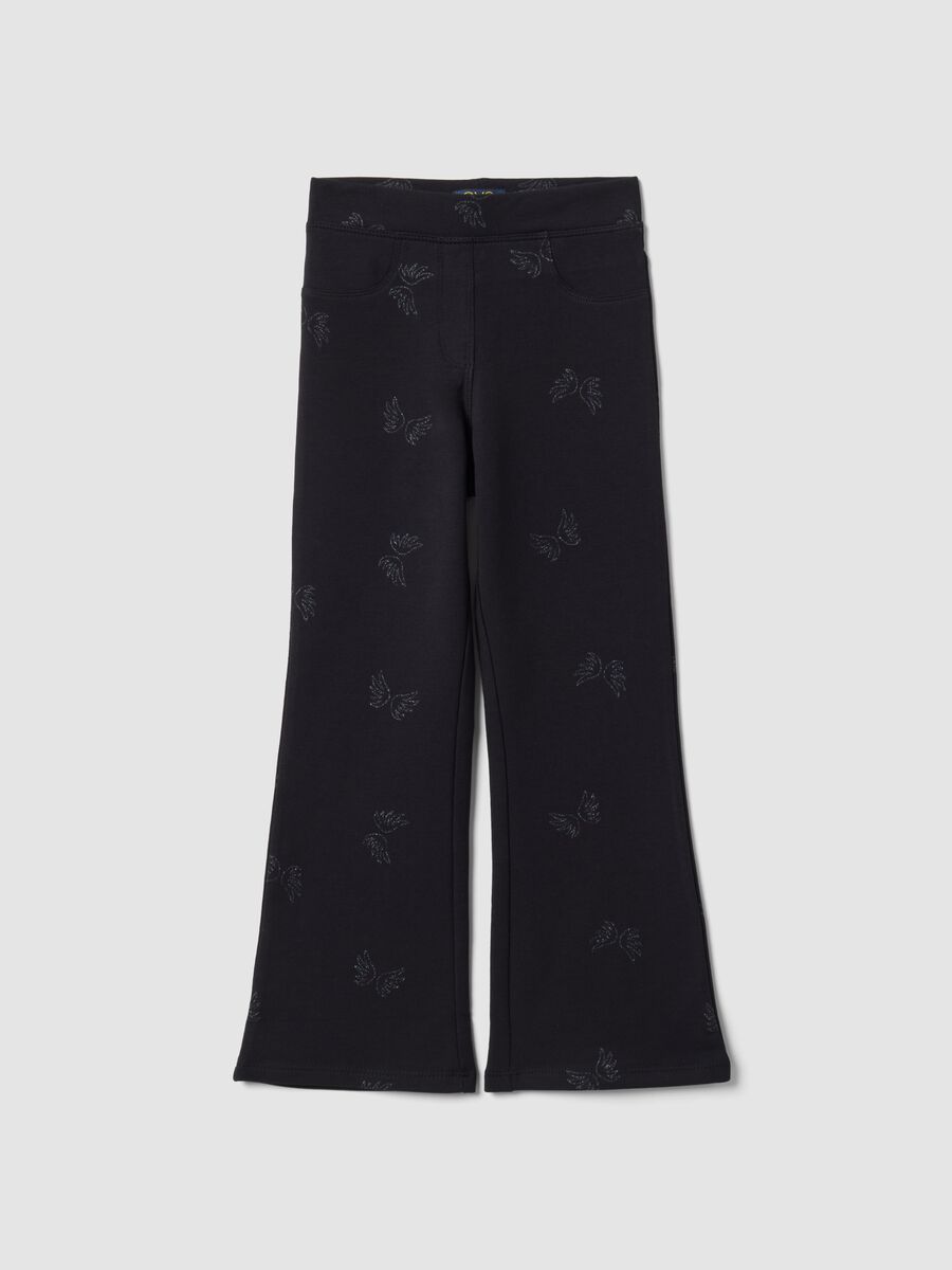 Black flared organic stretch-cotton treggings with glitter wing print_0