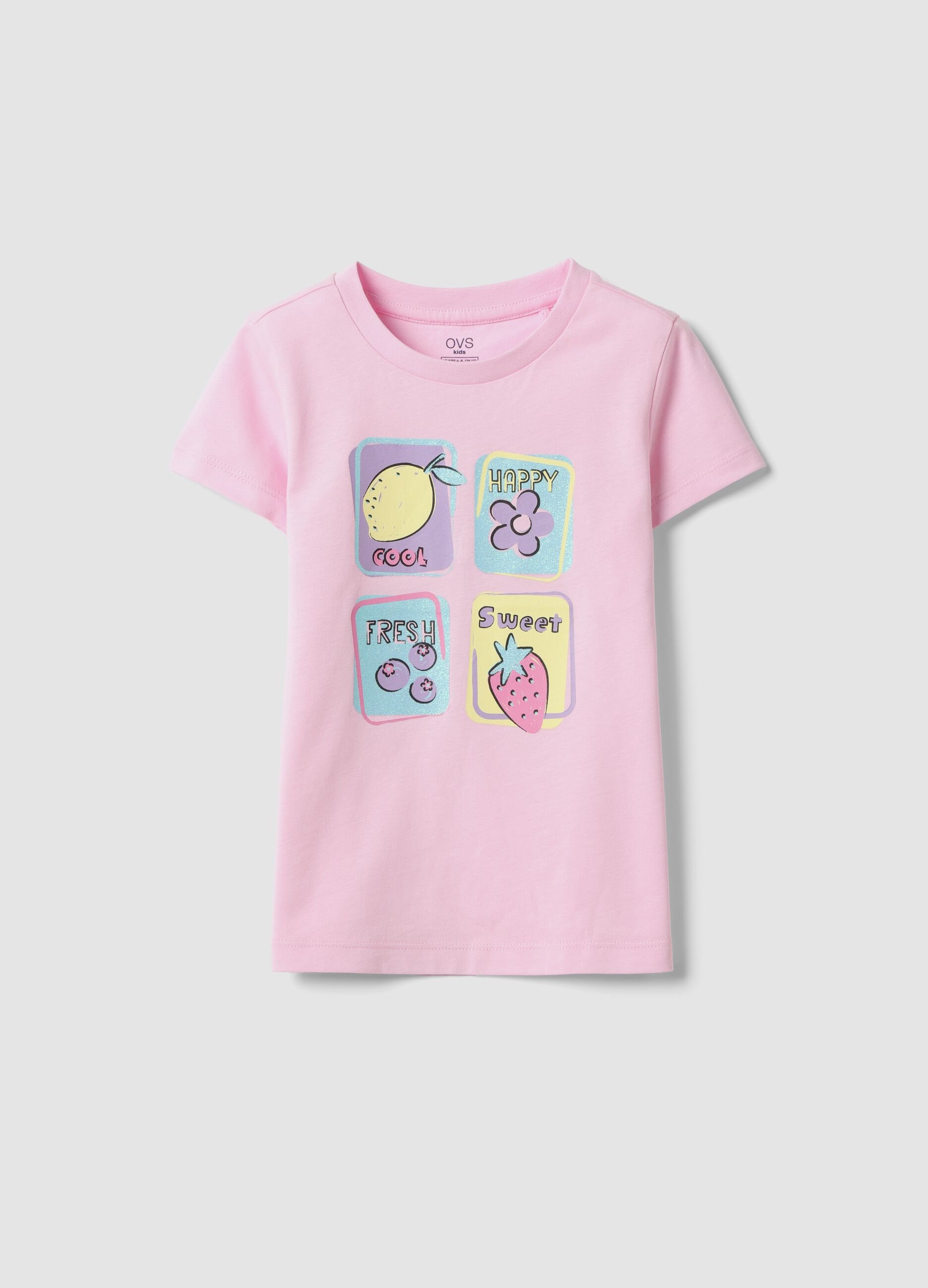 Girls' regular fit pink pure cotton T-shirt with fruit