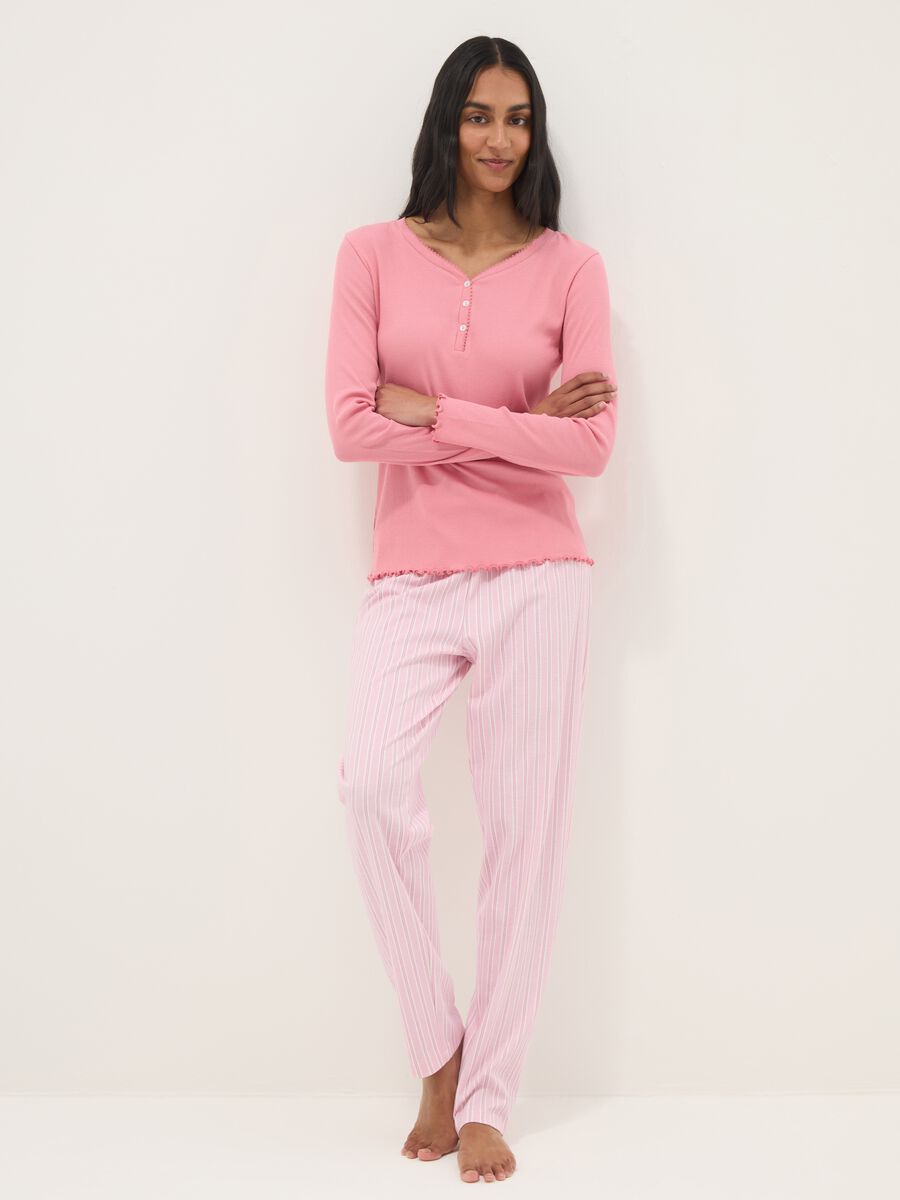 Pure cotton pink pyjama top with serafino neckline, regular fit_0