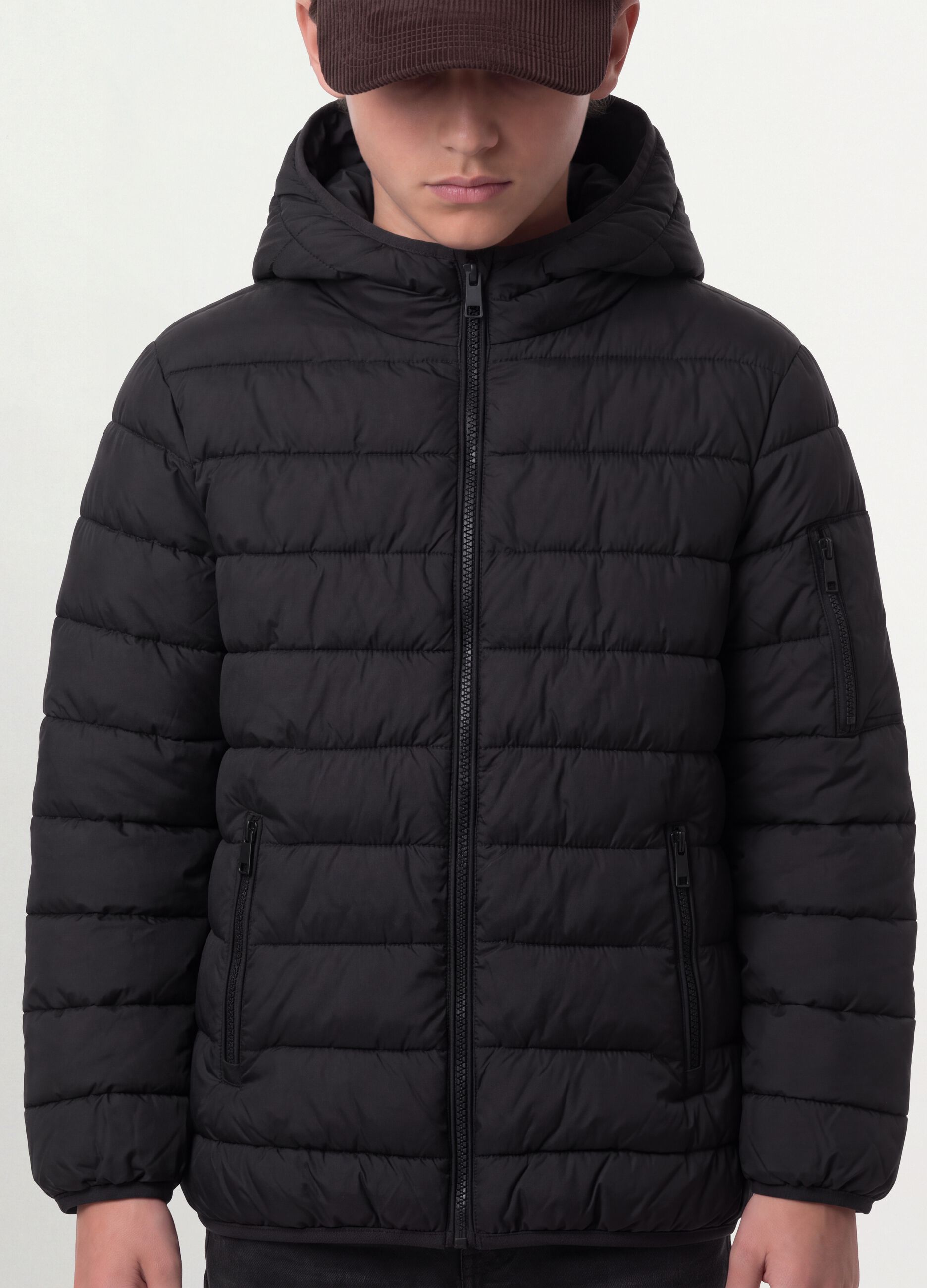 Black Ultralight padded hooded jacket with zip for boys