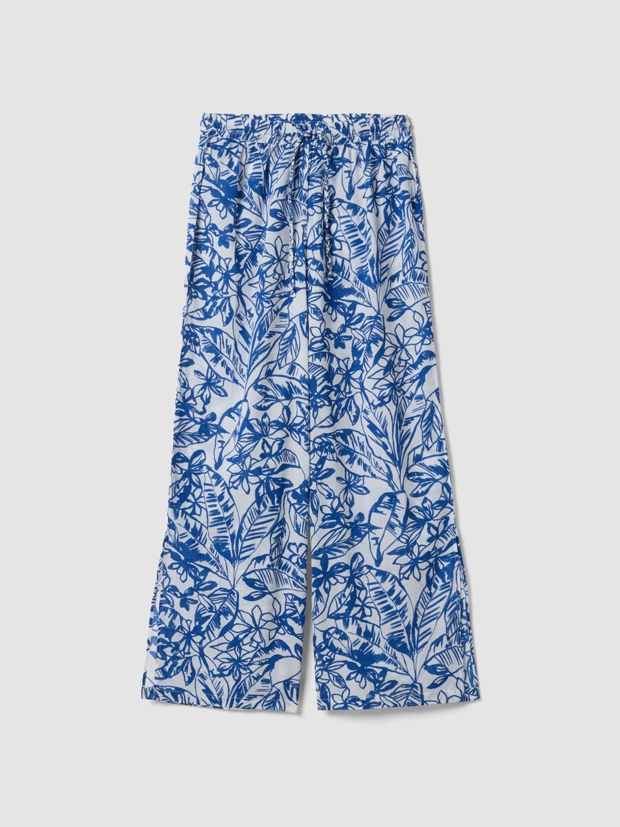 Blue and white organic cotton trousers with floral print_4