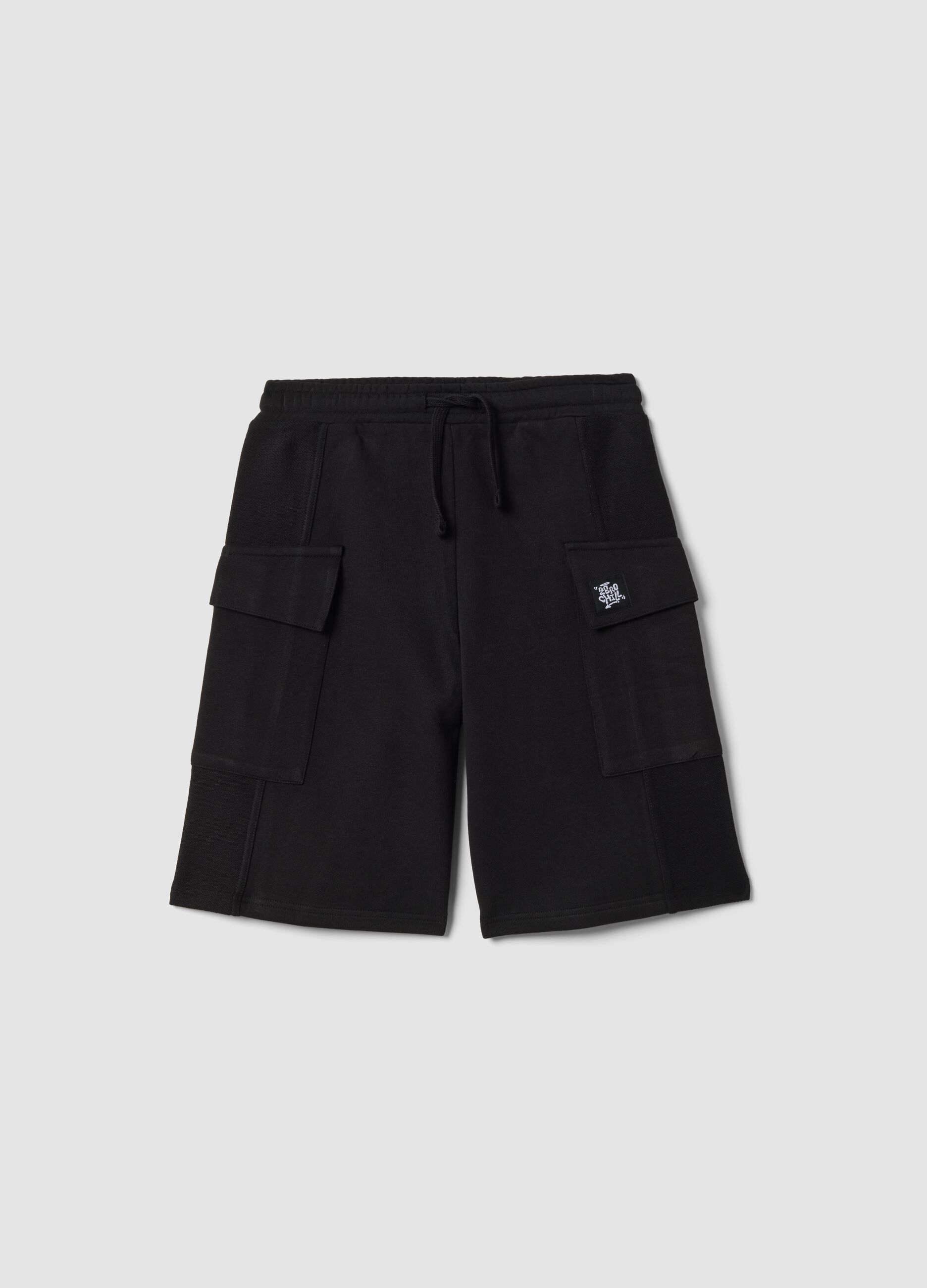 Black pure cotton cargo Bermuda shorts for boys, oversized fit