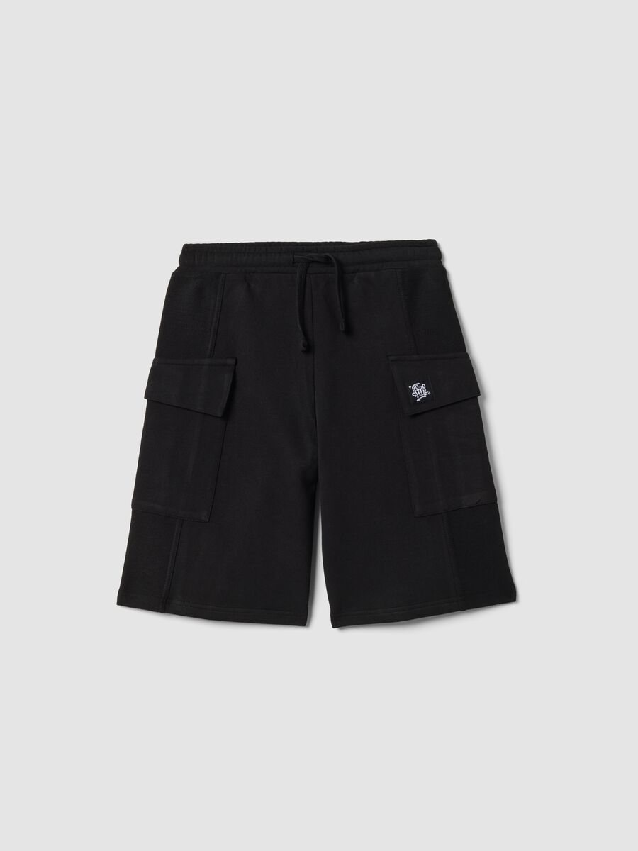 Black pure cotton cargo Bermuda shorts for boys, oversized fit_0
