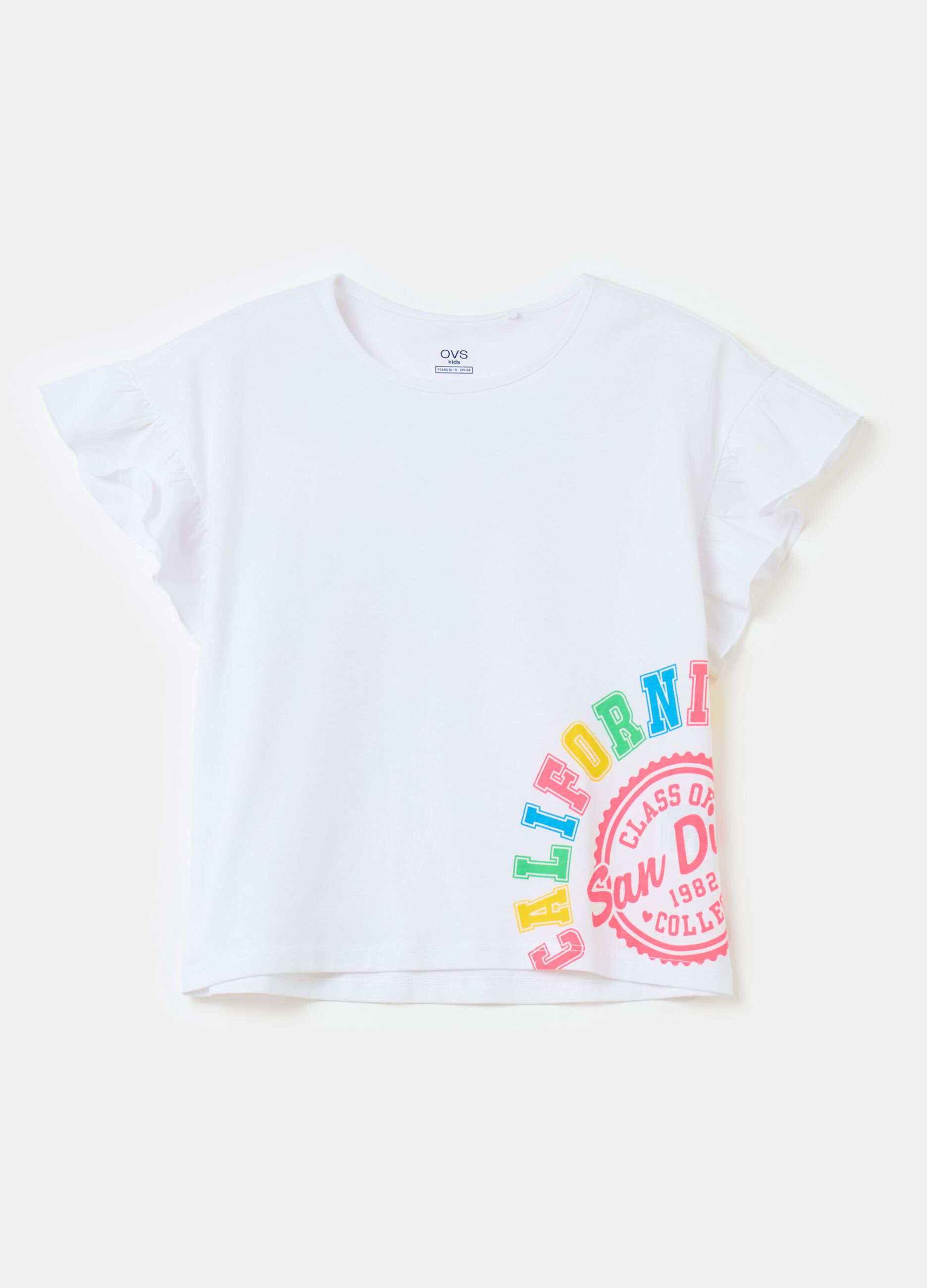 Cotton T-shirt with print and flounce