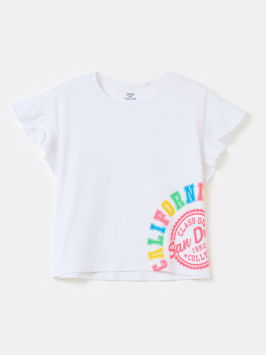 Cotton T-shirt with print and flounce_0