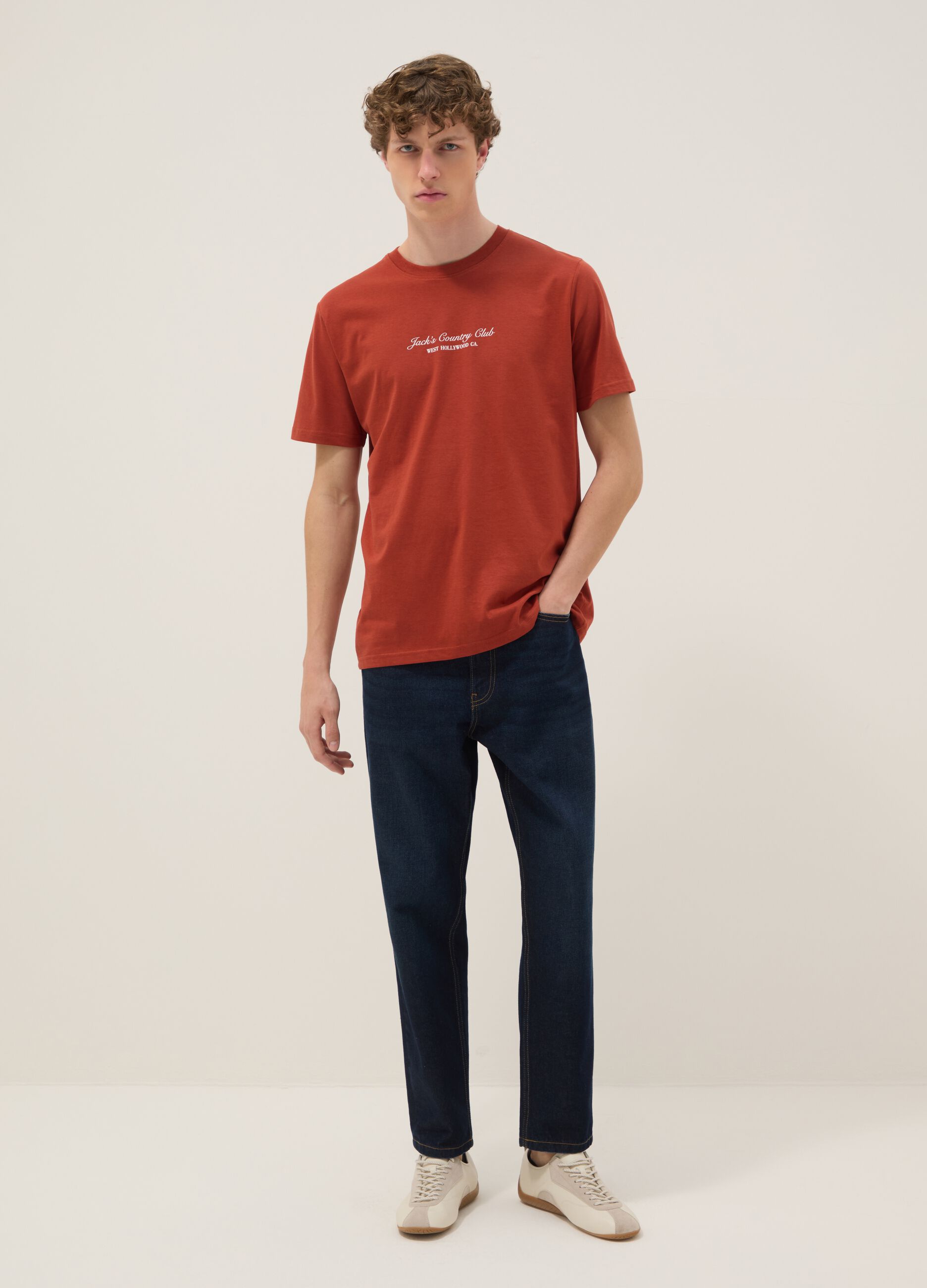 Rotes T-Shirt mit Schriftzug aus reiner Baumwolle, Regular Fit