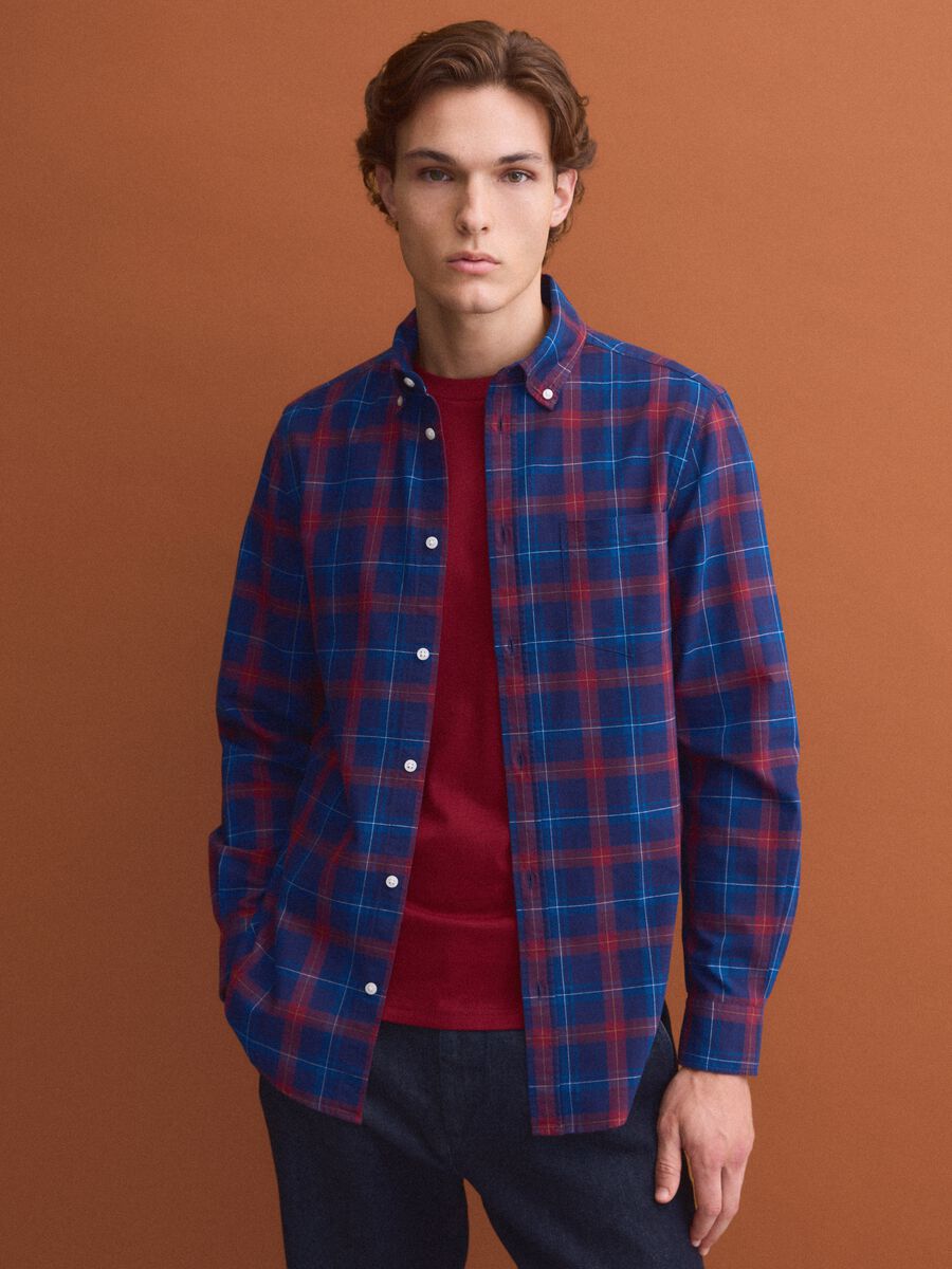 Blau kariertes Oxford-Hemd aus reiner Baumwolle, Regular Fit_1