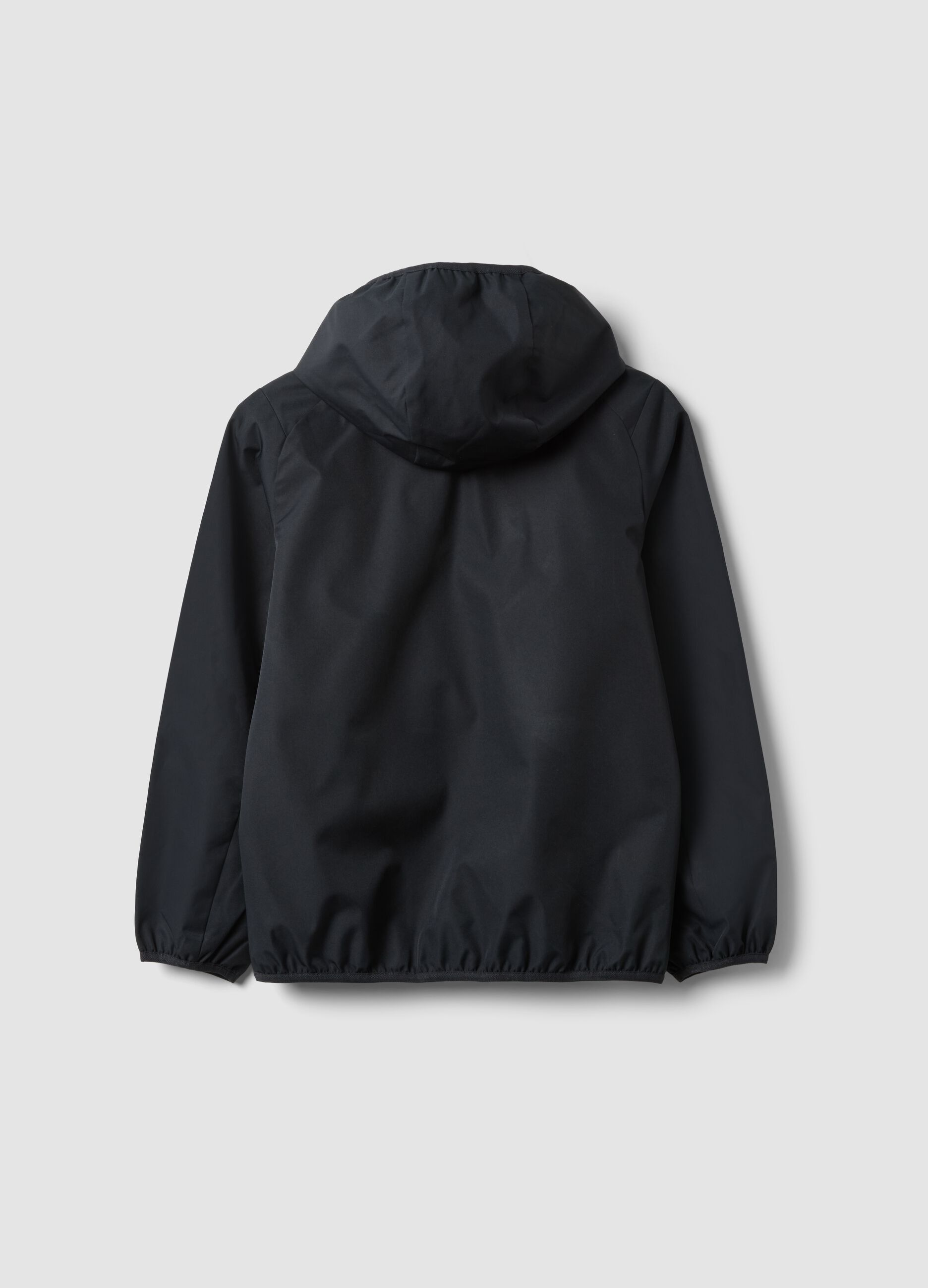 Black oversized rain jacket with hood and zip for boys