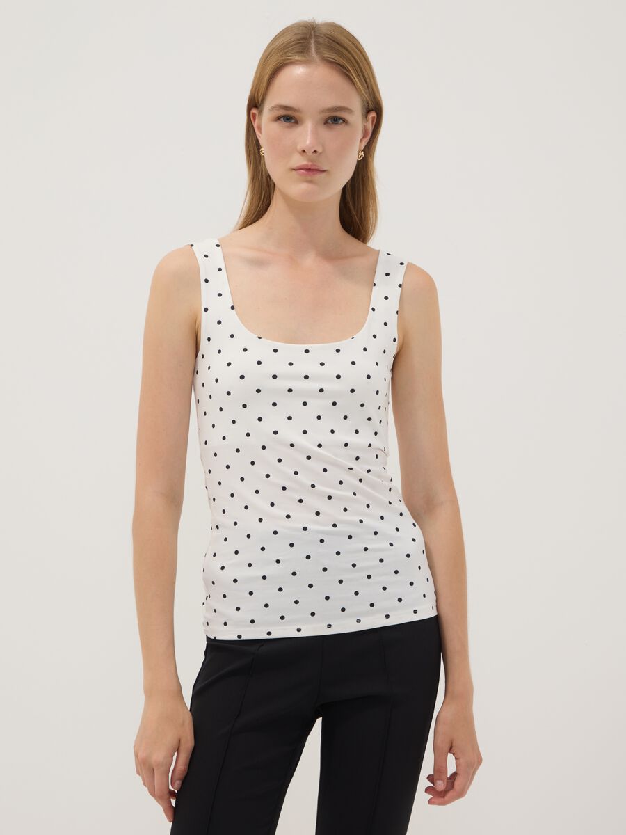 White fitted stretch cotton polka-dot top_1