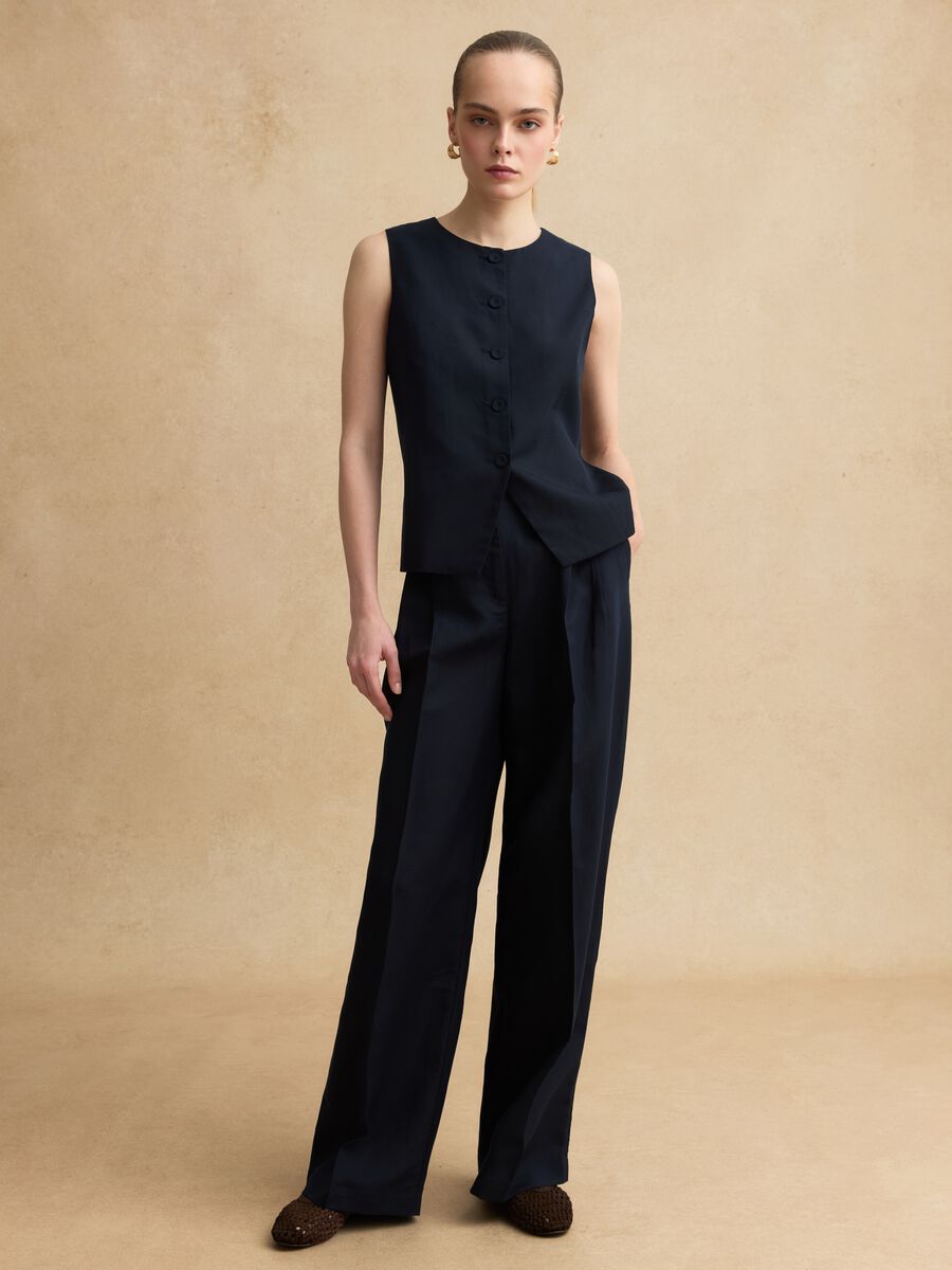 Blue Lyocell and Linen Regular Fit Waistcoat with Buttons_2