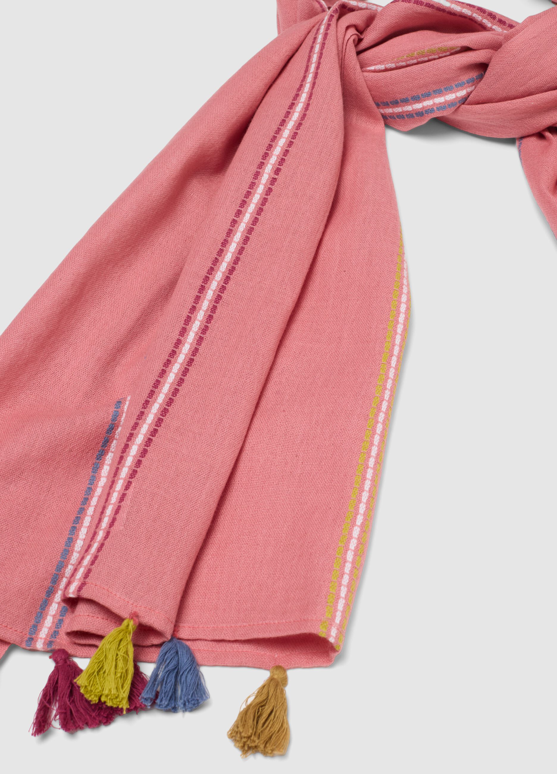 Pink pure cotton scarf with multicolour fringes