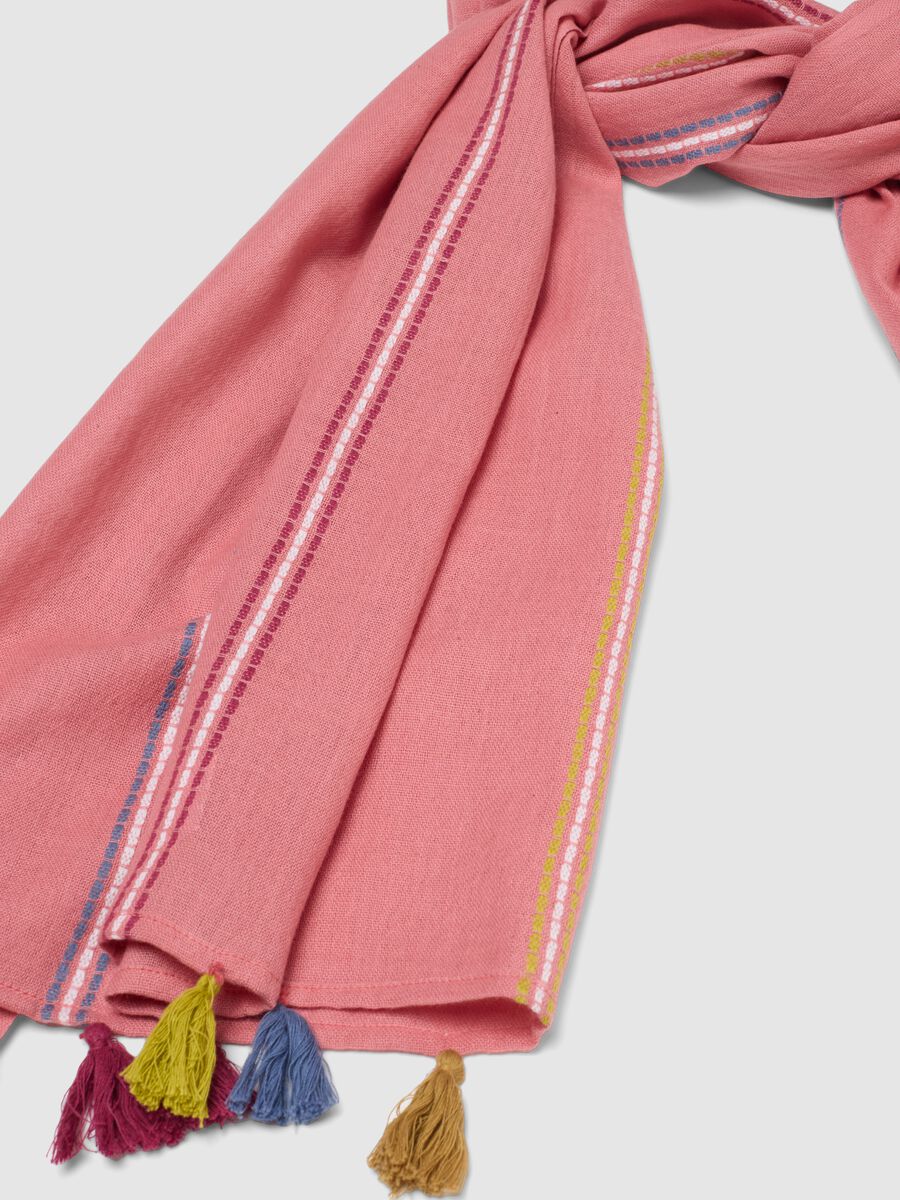 Pink pure cotton scarf with multicolour fringes_1