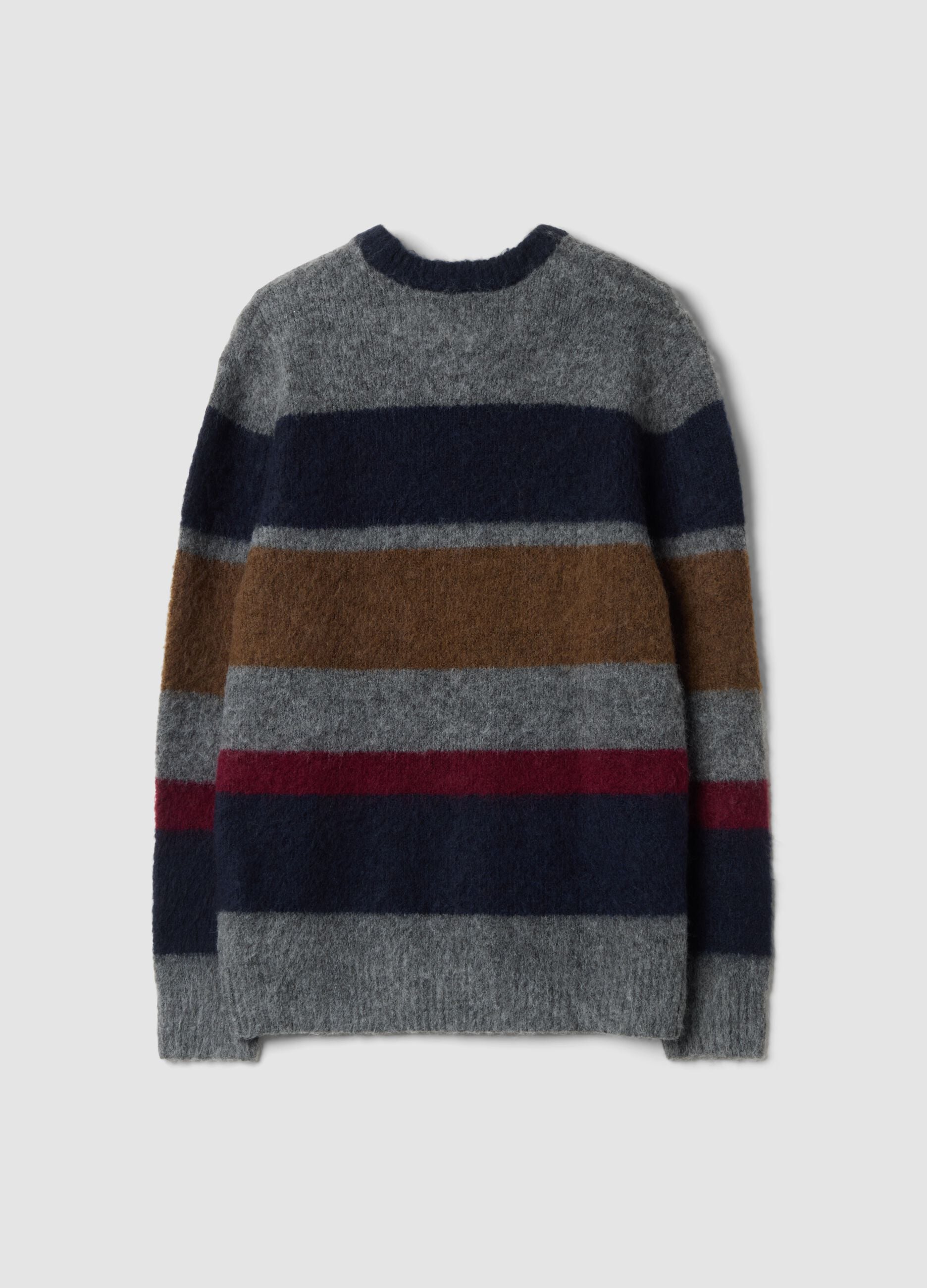 Grauer gestreifter Pullover aus Stretchwolle mit Rundhals, Regular Fit
