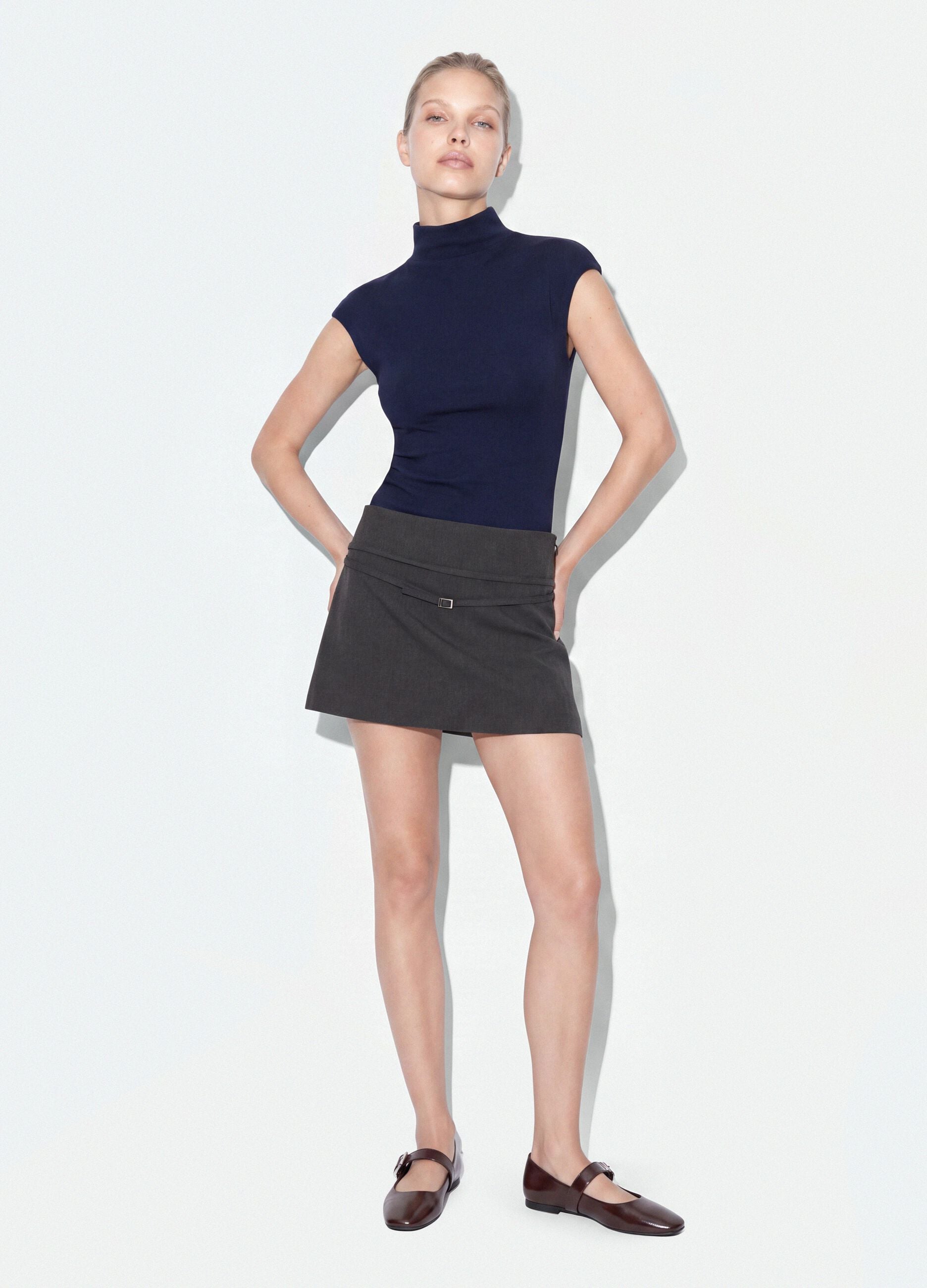 Blue fitted high-neck T-shirt in modal and stretch cotton