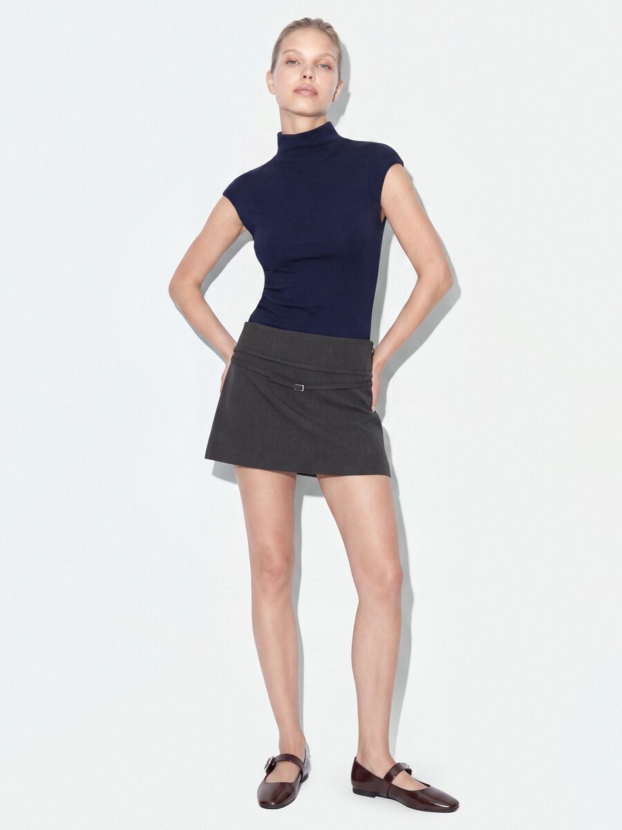 Blue fitted modal and stretch cotton T-shirt with raised neckline_0
