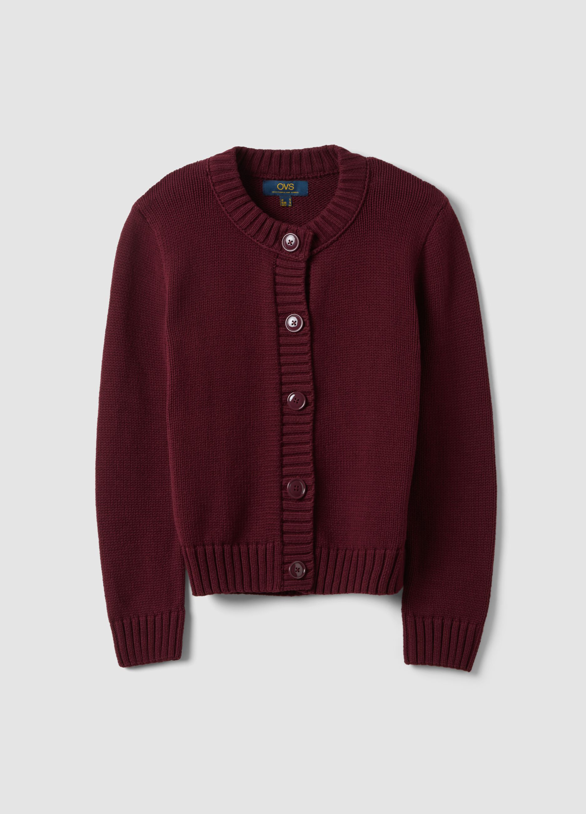 Burgundy pure cotton crew-neck cardigan with buttons, regular fit