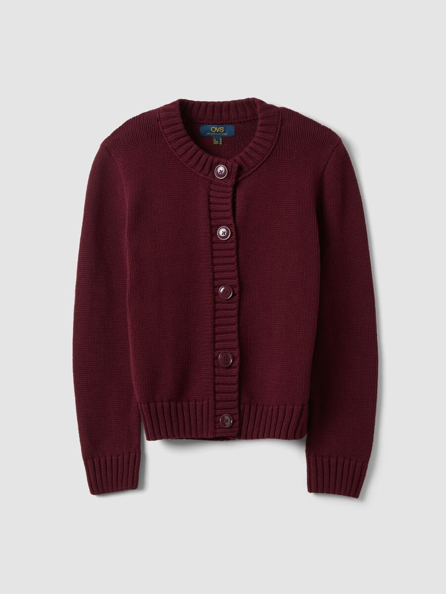 Burgundy pure cotton crew-neck cardigan with buttons, regular fit_4