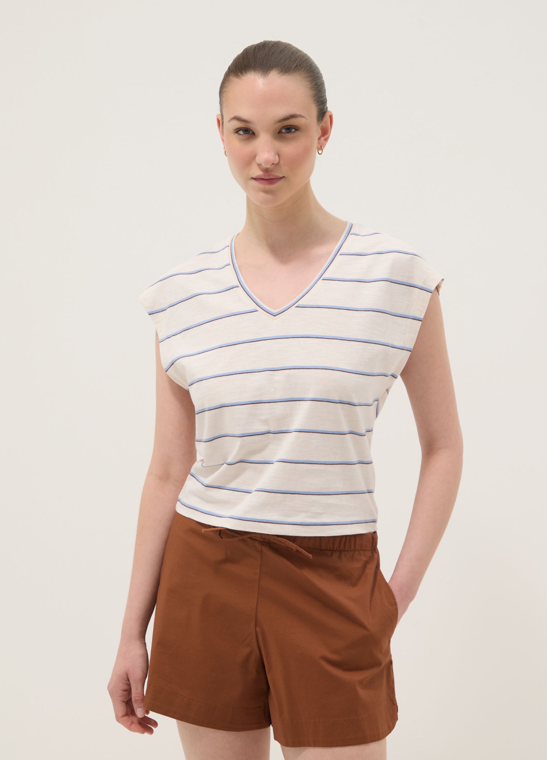 Beige pure cotton striped T-shirt