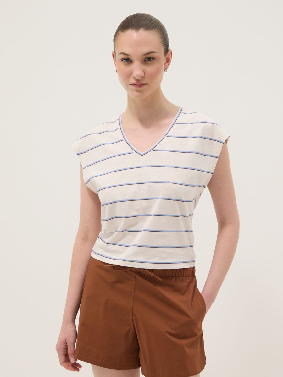 Camiseta beige de algod&oacute;n puro a rayas_1