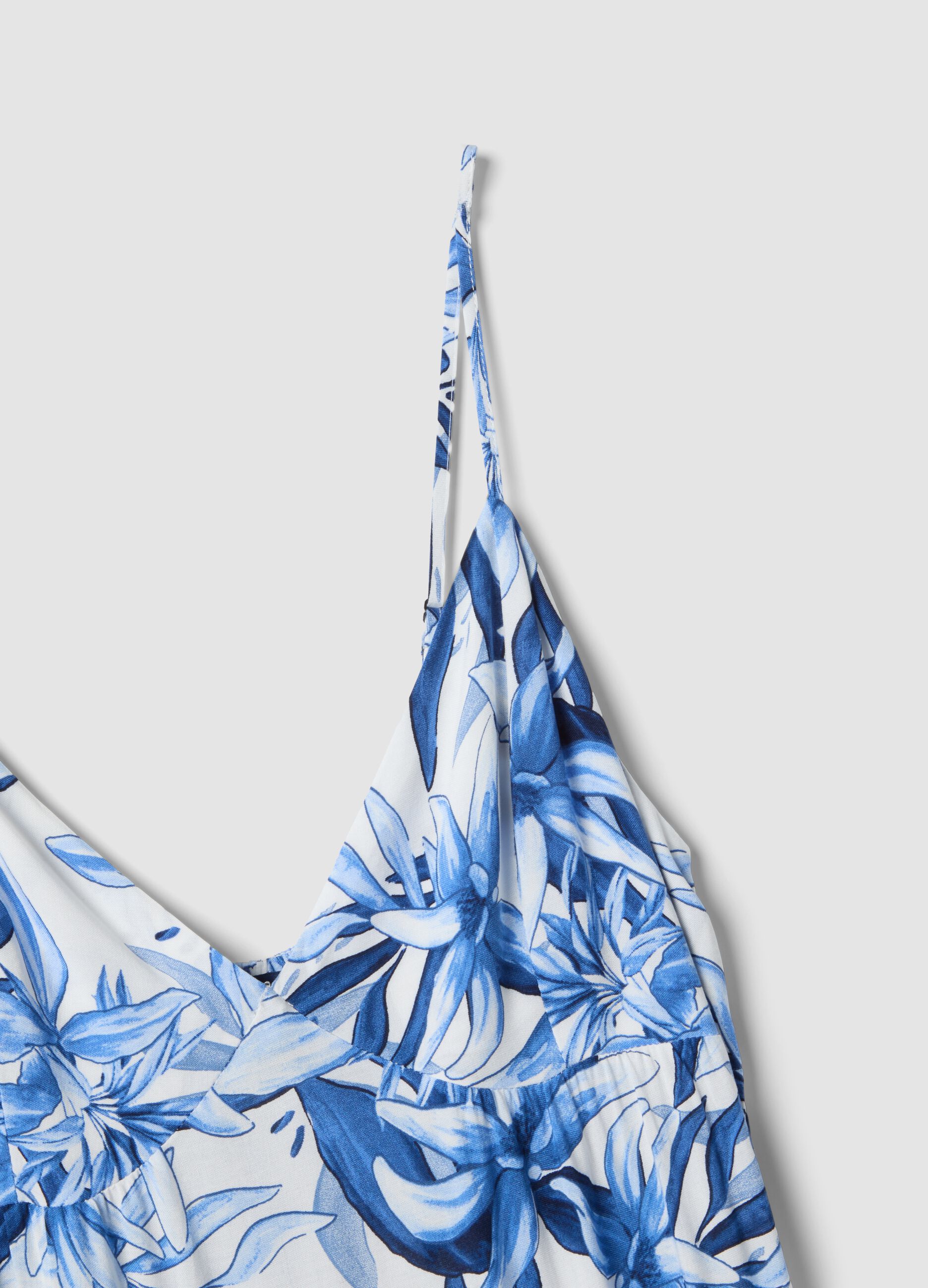 Blau-wei&szlig;es Maxi-Kleid aus reiner Viskose mit Blumenprint