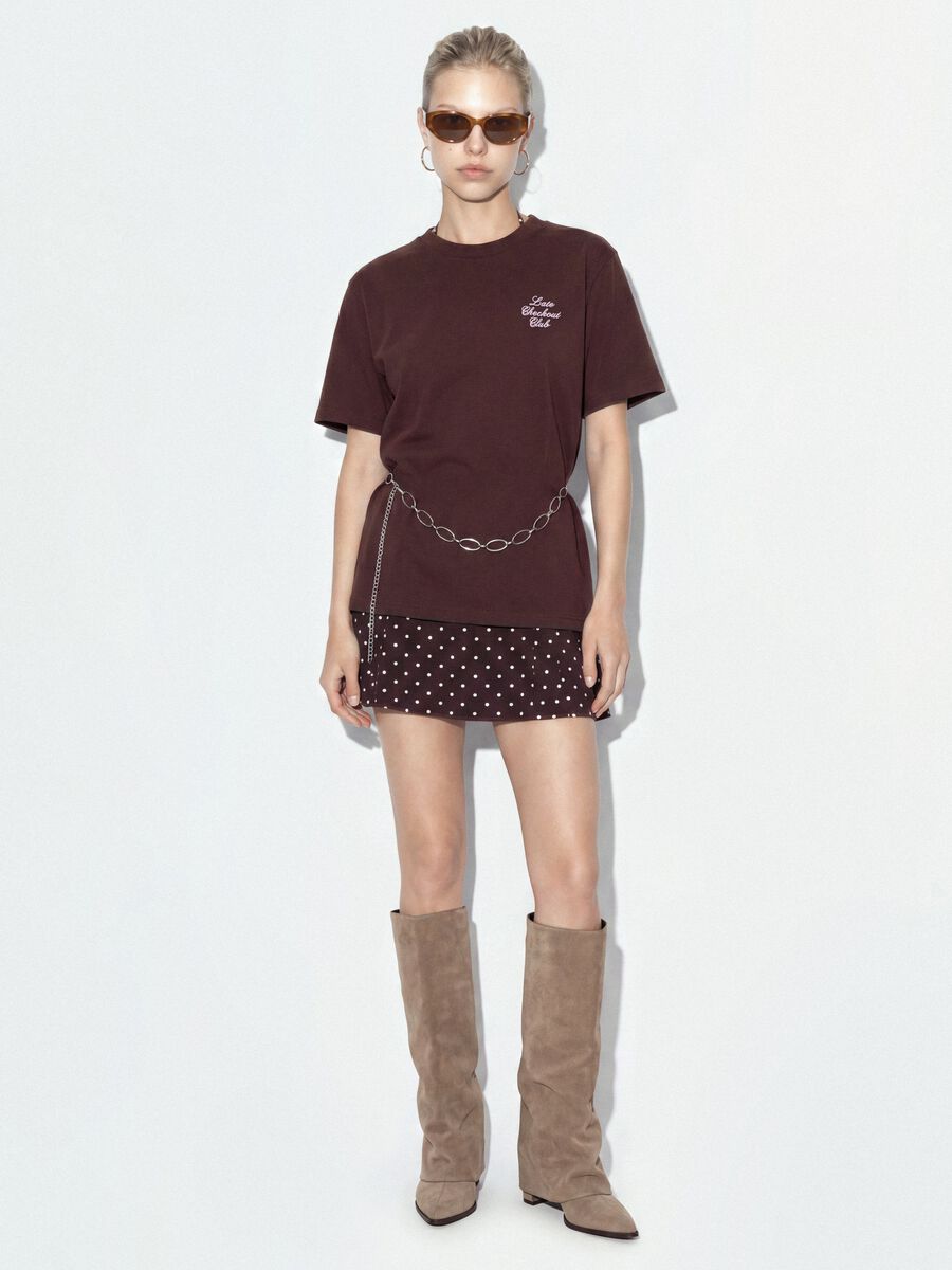 Brown relaxed-fit pure cotton T-shirt with embroidered slogan_1