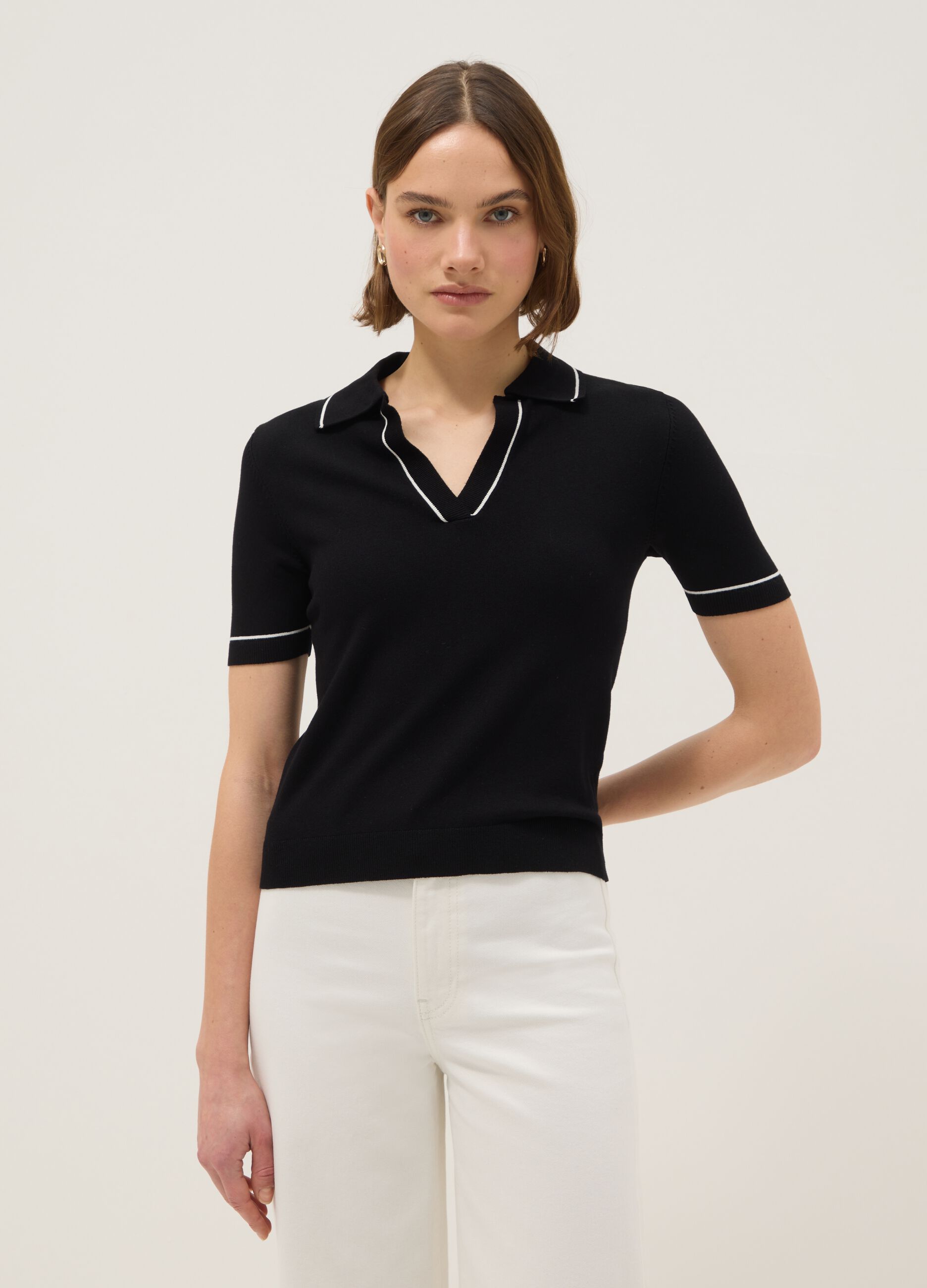 Black viscose blend slim fit polo with contrast stitching