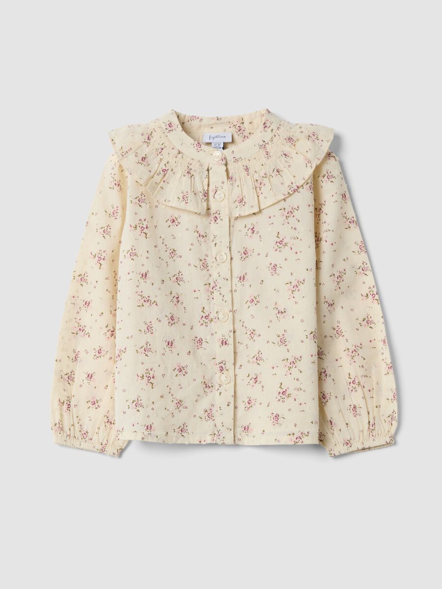 Camicia crema in puro cotone con stampa floreale rosa chiaro e verde oliva_0