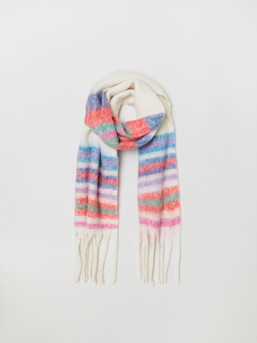 Multicoloured striped scarf with fringe_0