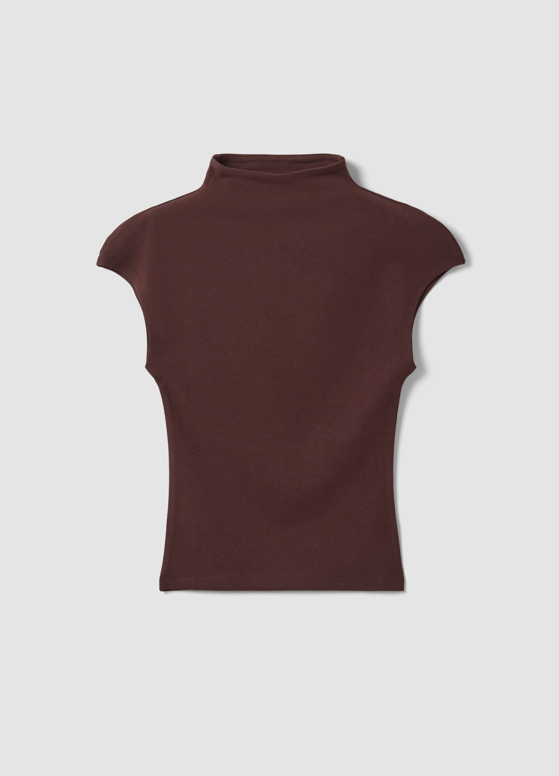 Brown fitted modal and stretch cotton T-shirt with mock neck