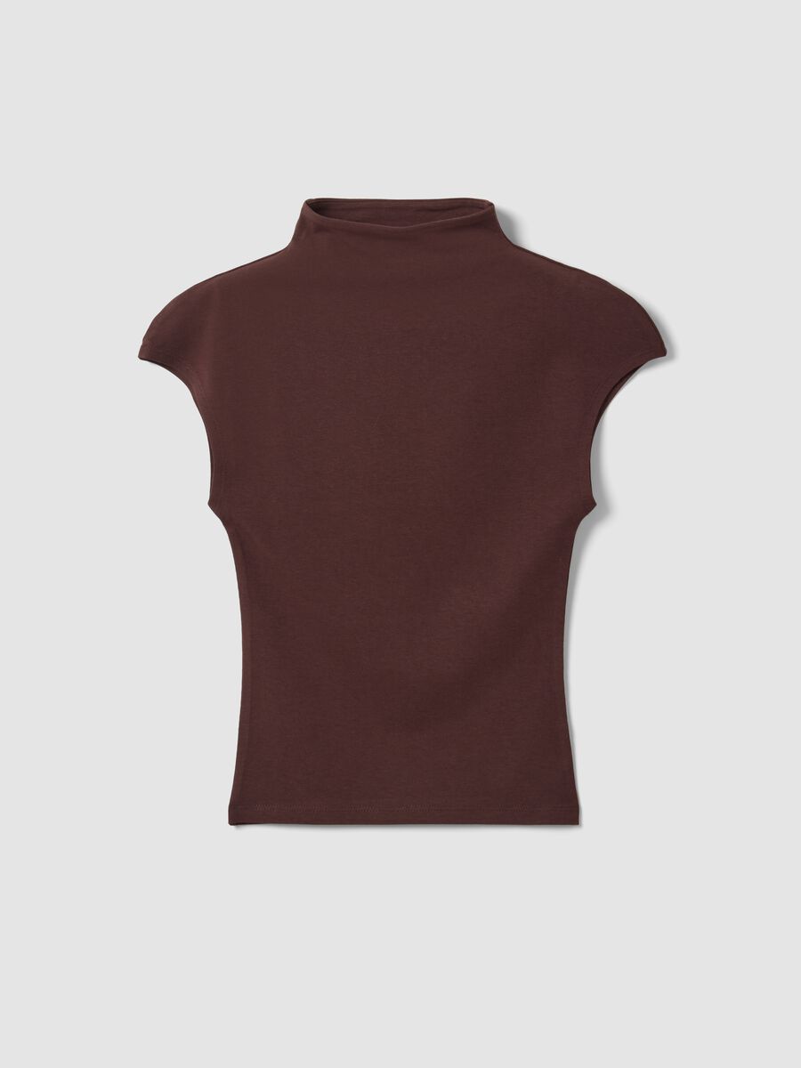 Brown fitted modal and stretch cotton T-shirt with high neck_4